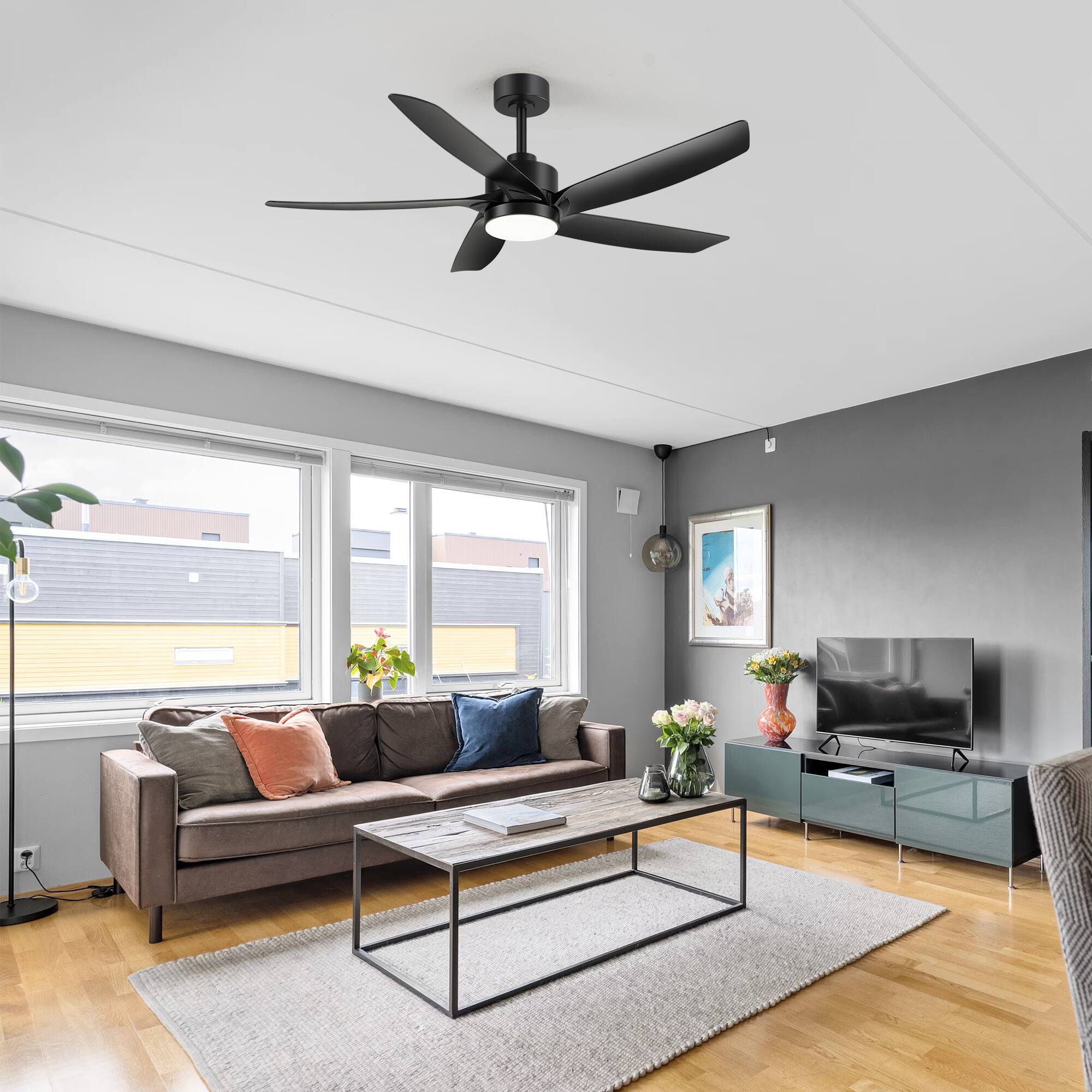 Alt View 1. Breezary - 54-Inch Indoor Ceiling Fan with 3-Color Light, 5 ABS Blades, 6-Speed DC Motor, Remote & Timer, Memory, 6"/12" Downrods - Matte Black.