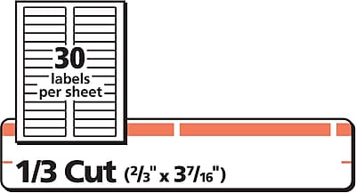 30 labels per sheet  
1/3 Cut (2/3" x 37/16")