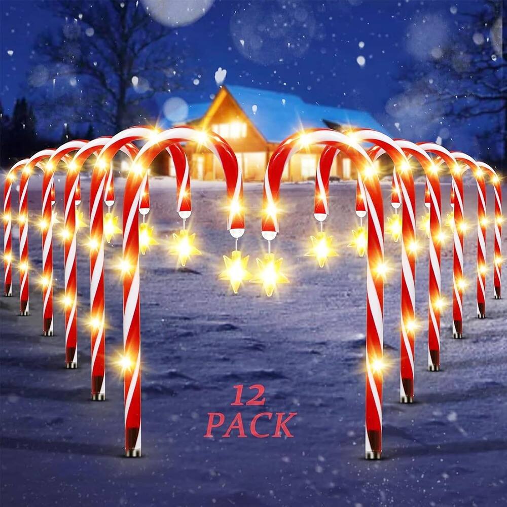 Front. PARKER SLATER - 12-Pack Solar Candy Cane Lights – Waterproof, Outdoor Pathway, Star-Topped, 8 LED Modes.