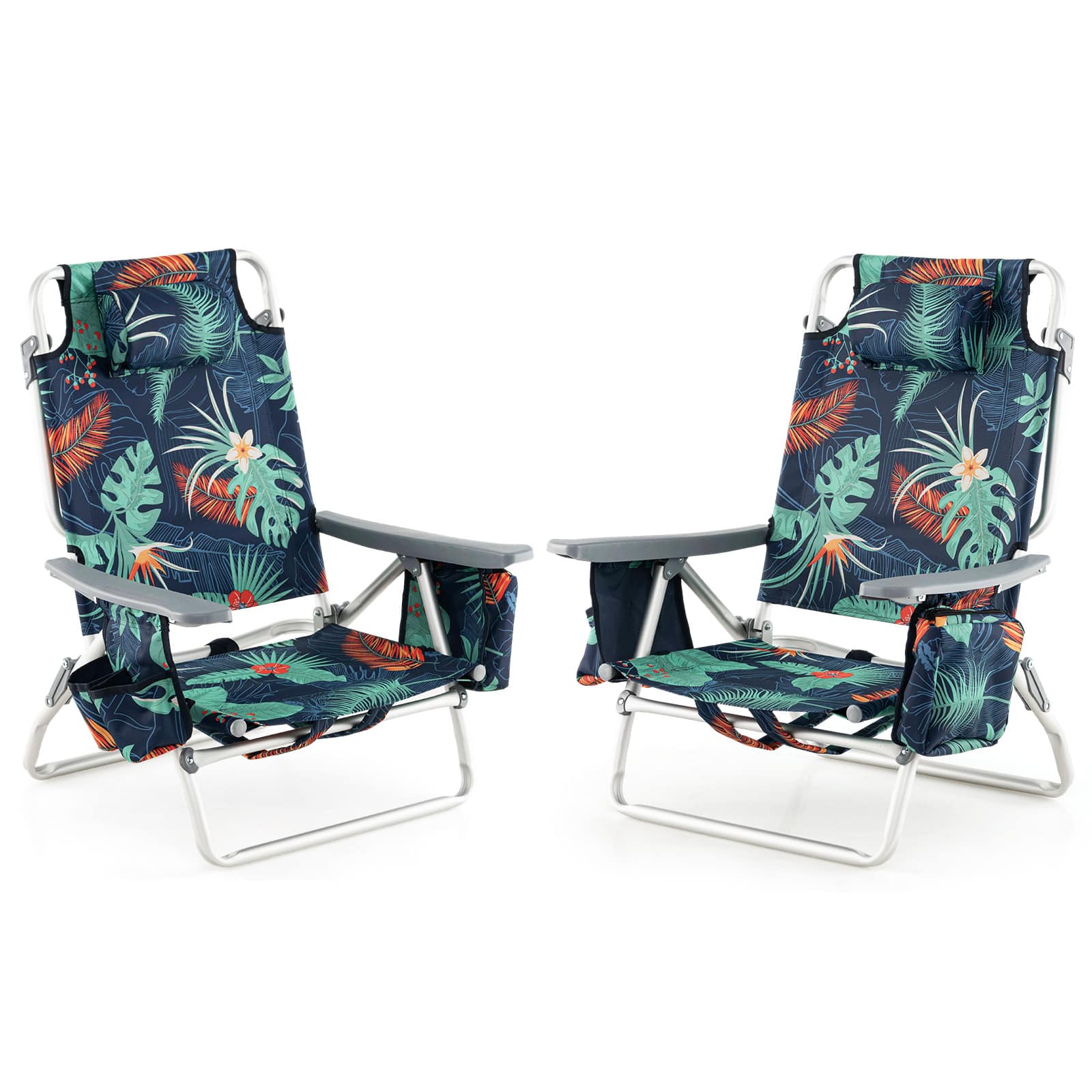 Gymax - 2 PCS Beach Chair 5-Position Outdoor Reclining Chairs w/ Head Pillow & Storage Bag - Navy