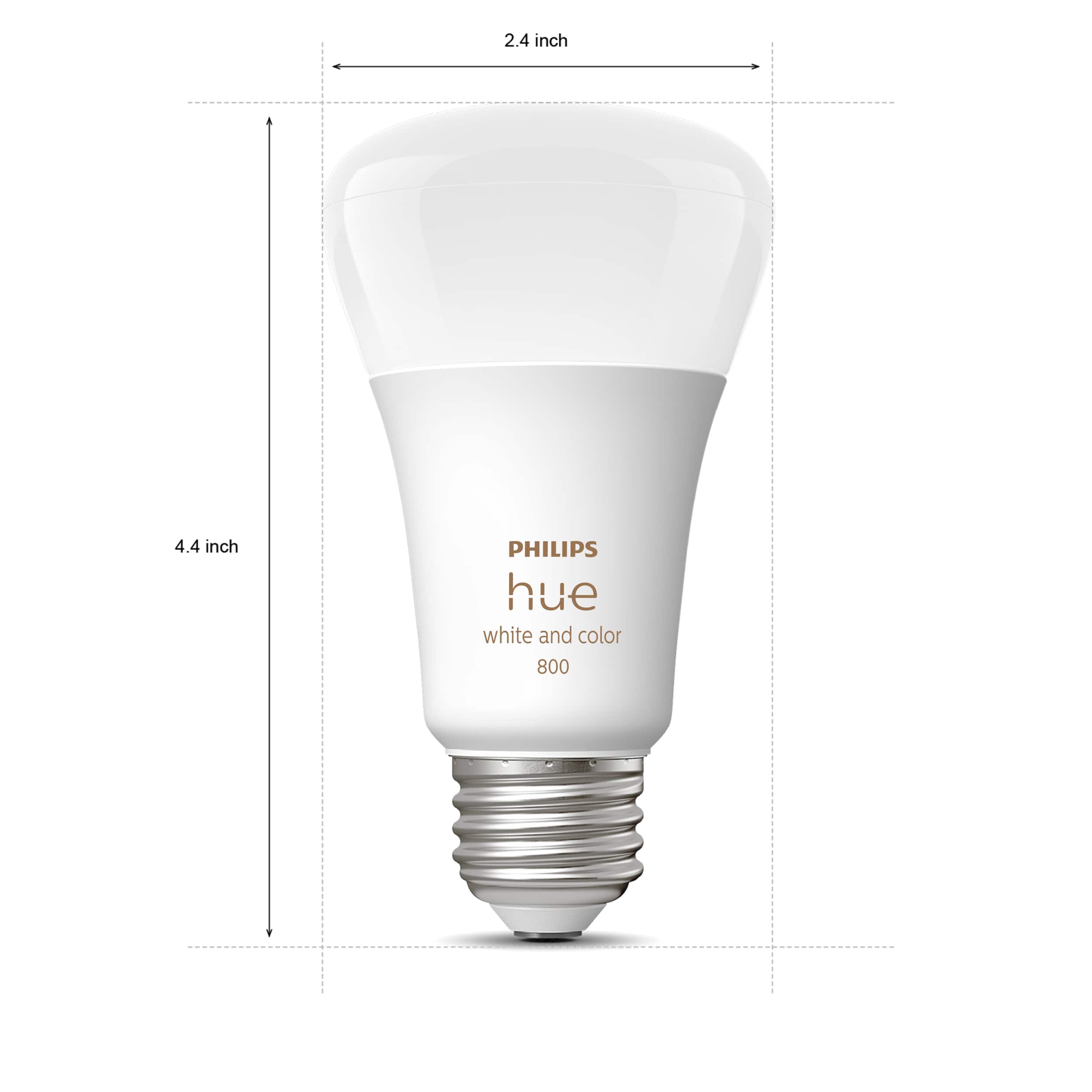The text on the image reads "2.4 inch 4.4 inch PHILIPS hue white and color 800." This text is grouped and corrected as follows:
"2.4 inch 4.4 inch PHILIPS hue white and color 800."
The text is grouped as "2.4 inch 4.4 inch PHILIPS hue white and color 800," and the corrections made are adding spaces between the words and numbers, and capitalizing the first letter of each word.
