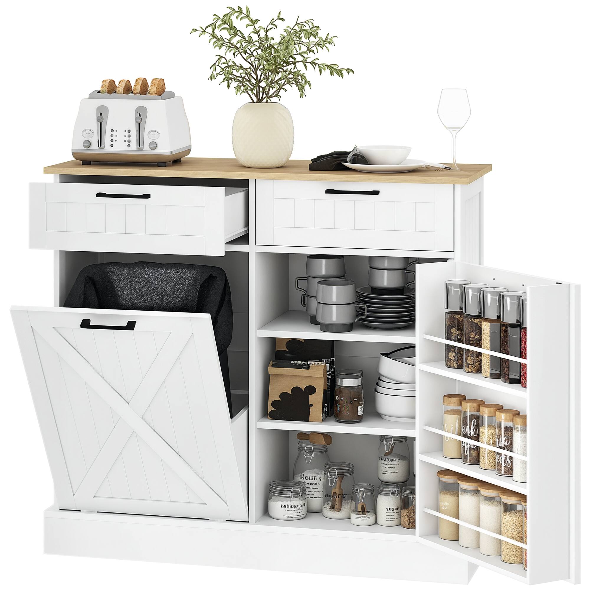 Homcom - Tilt Out Trash Can Cabinet, 10 Gallon Farmhouse Kitchen Cabinet with Hidden Trash Can & Drawers for Laundry Room - White