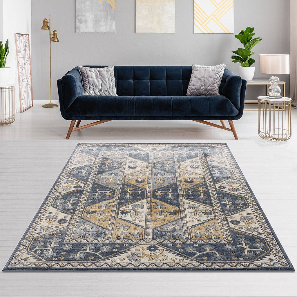 Angle. APRILSOUL - Traditional Vienna Tiles Printed Area Rug 100 Percent Polypropylene Machine Woven Fade Resistant - Blue+Cream.