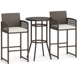 Gymax - 3 Piece Wicker Patio Bar Set w/ 2 Seat Cushions Glass Tabletop for Backyard - Brown