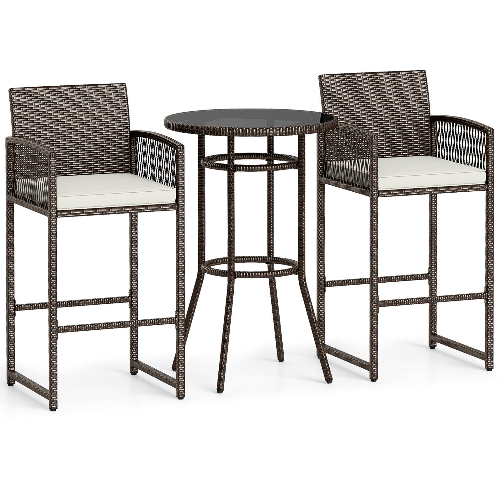 Front. Gymax - Gymax 3 Piece Wicker Patio Bar Set w/ 2 Seat Cushions Glass Tabletop for Backyard - Brown.