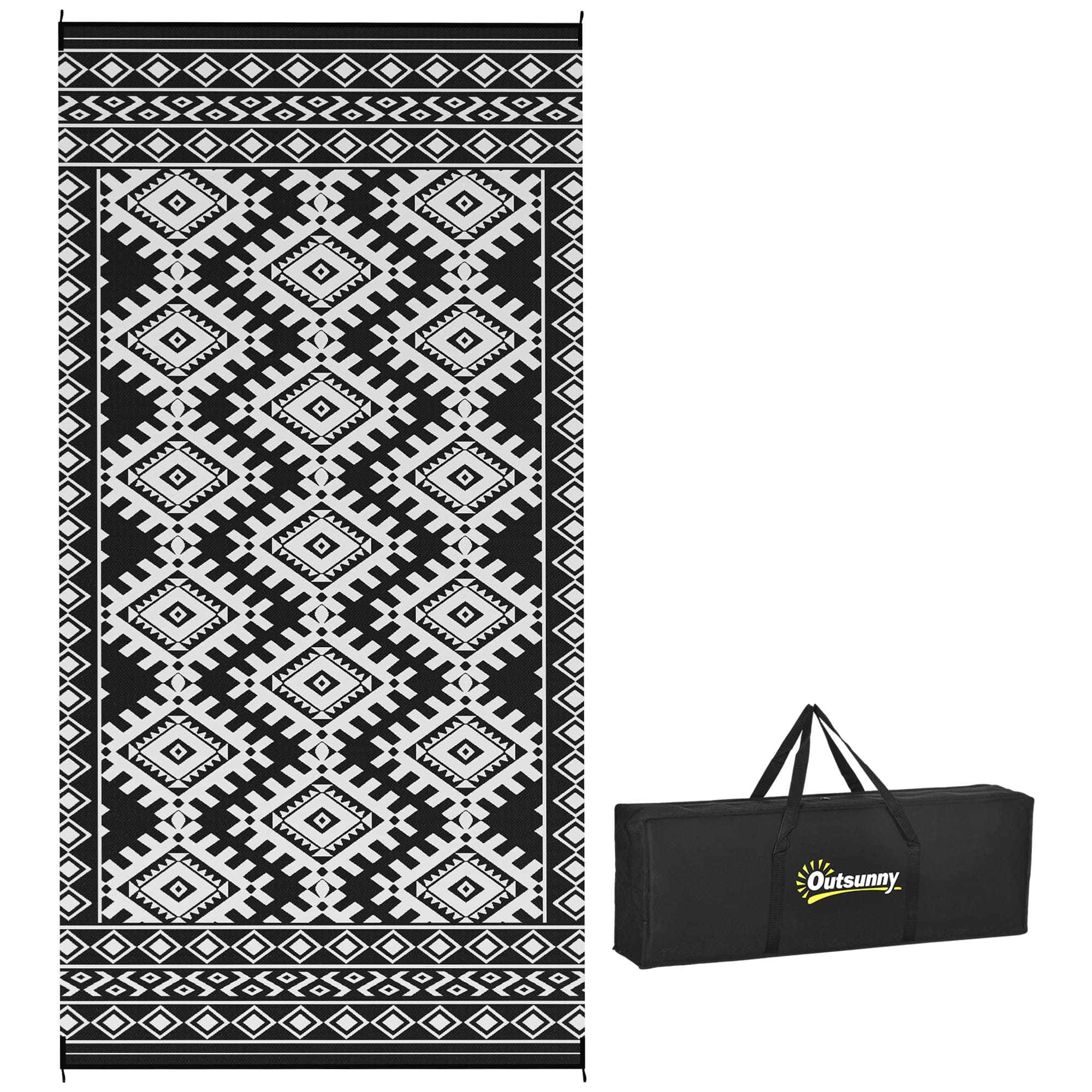 Outsunny - Outdoor Rug for Patio, 9' x 18' Waterproof Large Mat, Reversible Plastic Straw Rug for Décor - Black and White Rhombus Border