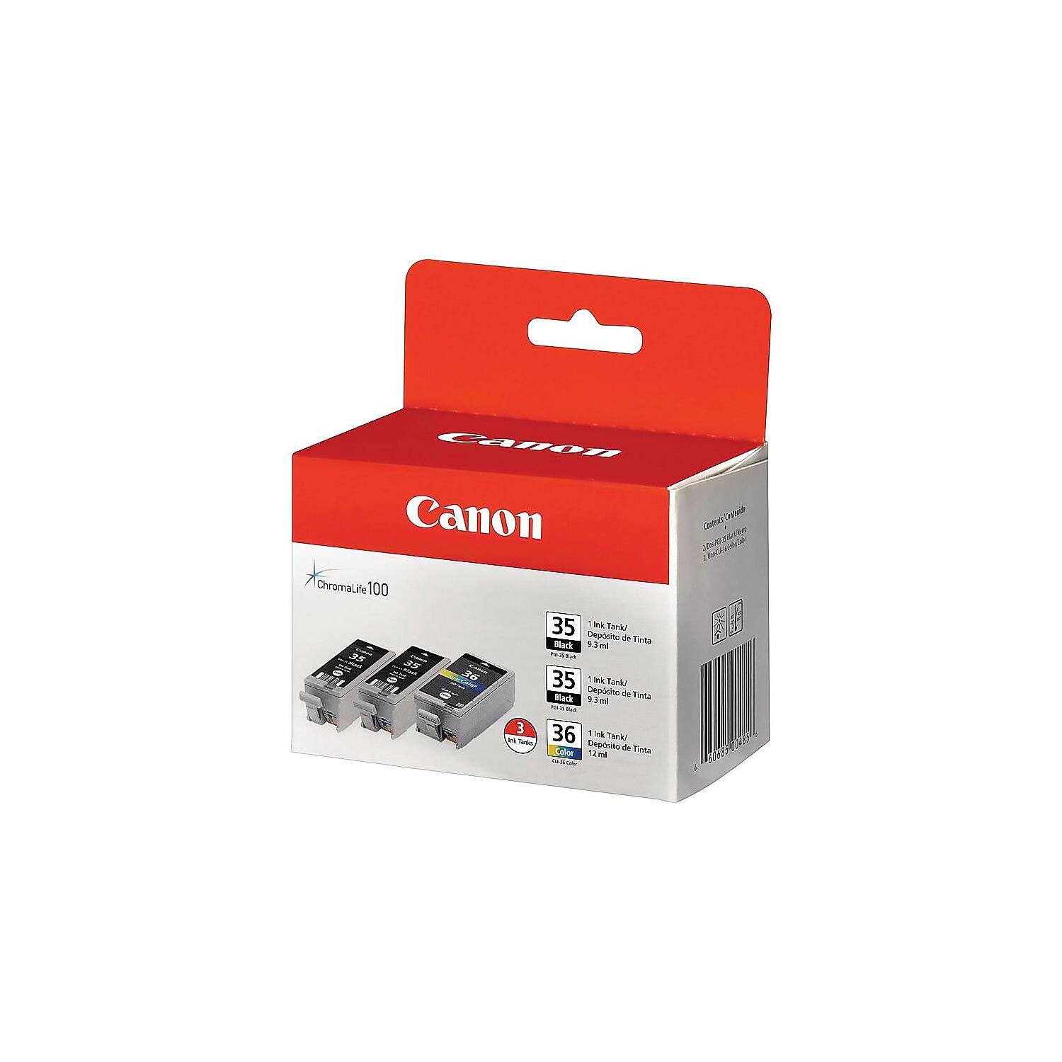 Canon Chromalite 100  
35 Black Ink Tank / Depósito de Tinta Negro 1.3 ml  
35 Magenta Ink Tank / Depósito de Tinta Magenta 9.3 ml  
36 Cyan Ink Tank / Depósito de Tinta Cian 12 ml
