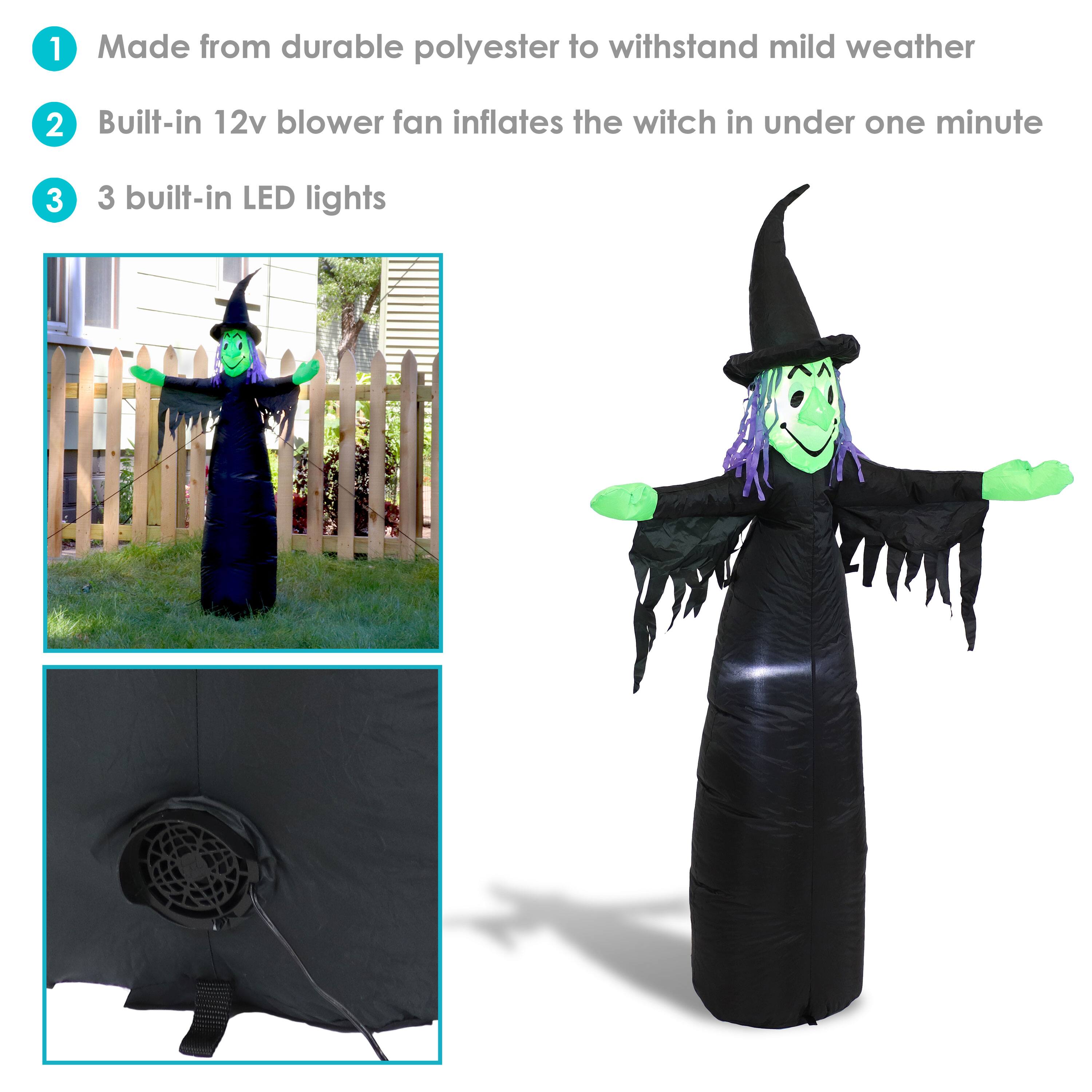 1. Made from durable polyester to withstand mild weather  
2. Built-in 12v blower fan inflates the witch in under one minute  
3. 3 built-in LED lights