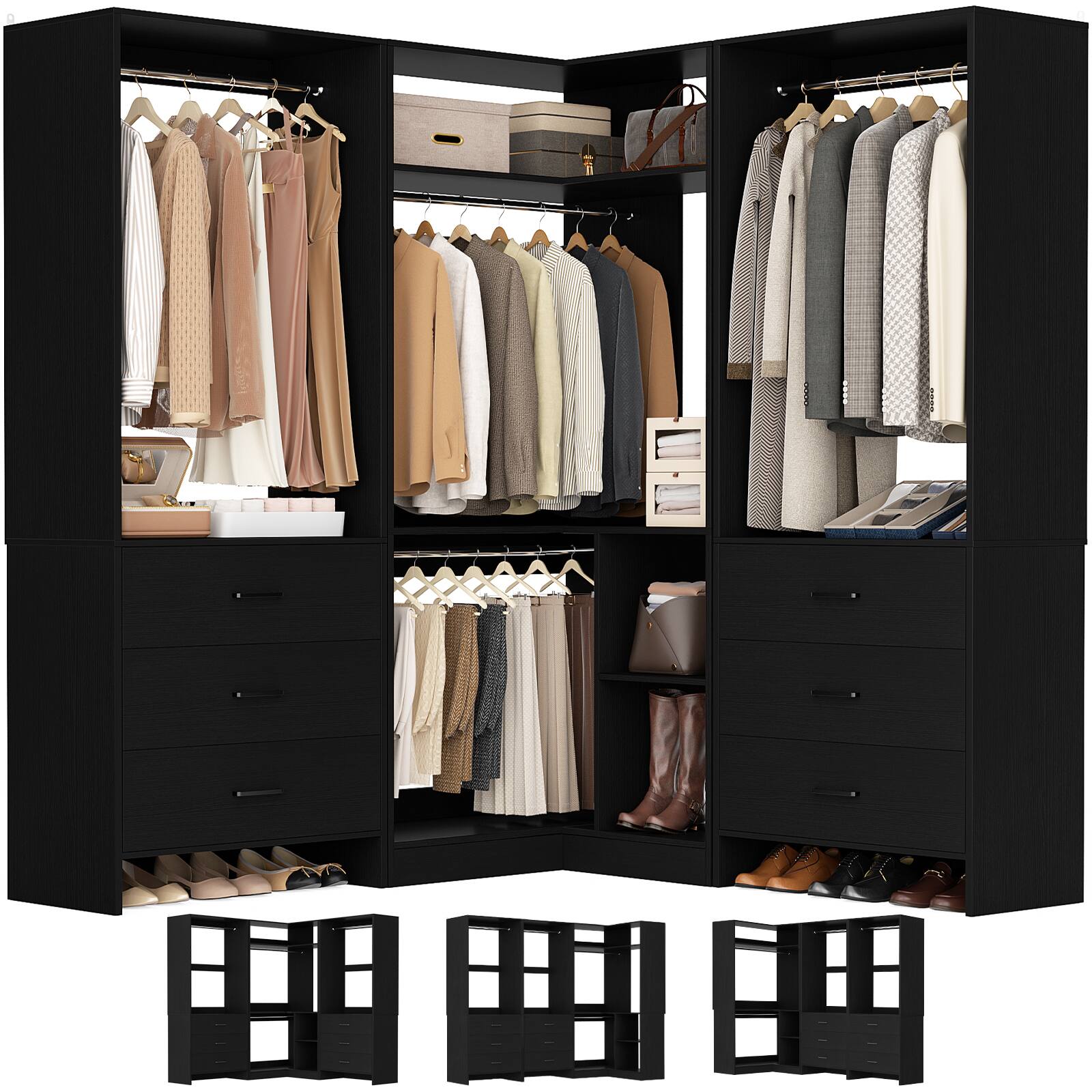 Angle. Aheaplus - 55.2'' - 80.9'' W Corner Closet Organizer System with 6 Wooden Drawers and 4 Hanging Rods - Black.