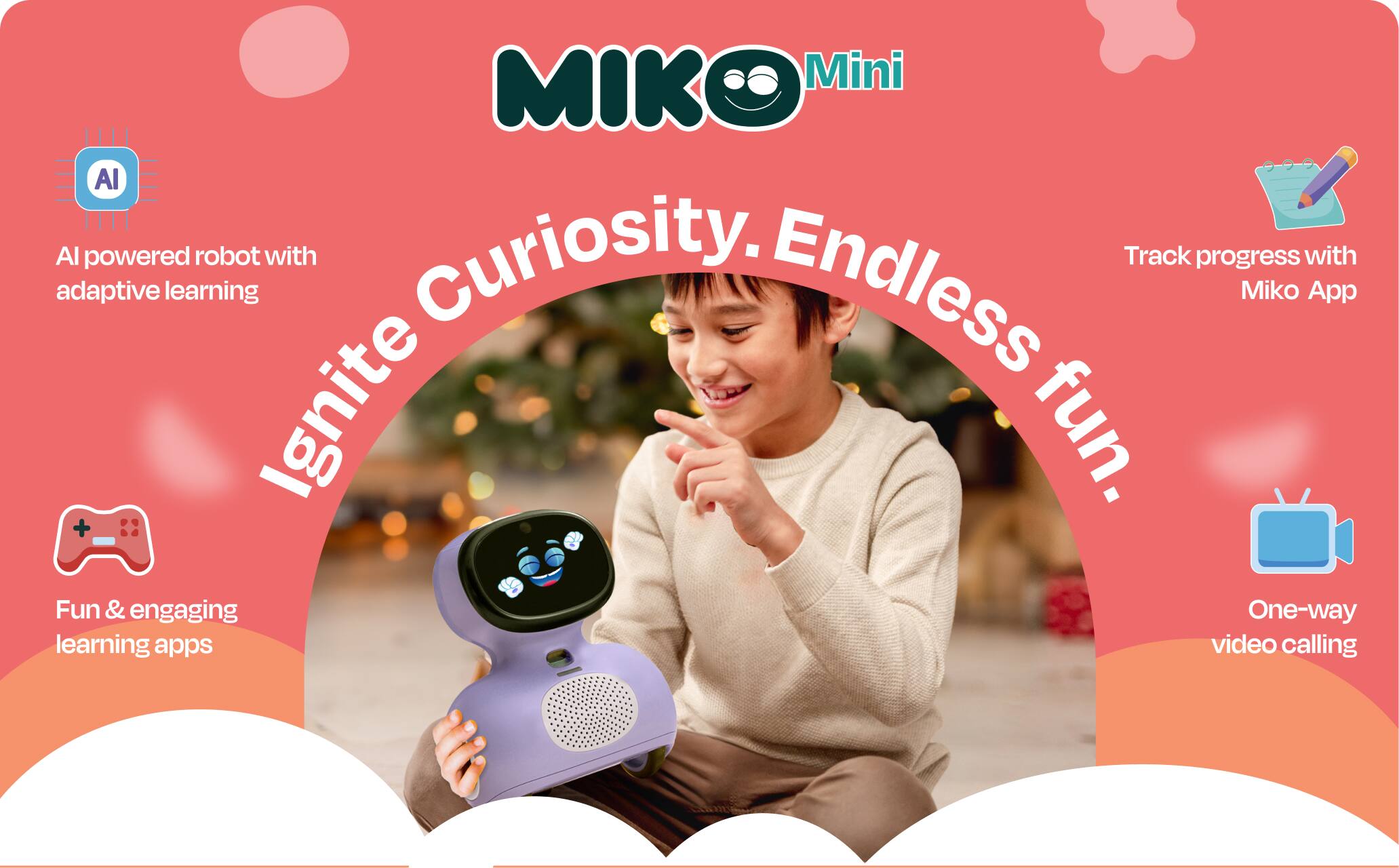 MIKO Mini AI powered robot with adaptive learning. Ignite Curiosity. Endless fun. Track progress with Miko App. Fun & engaging learning apps. One-way video calling.