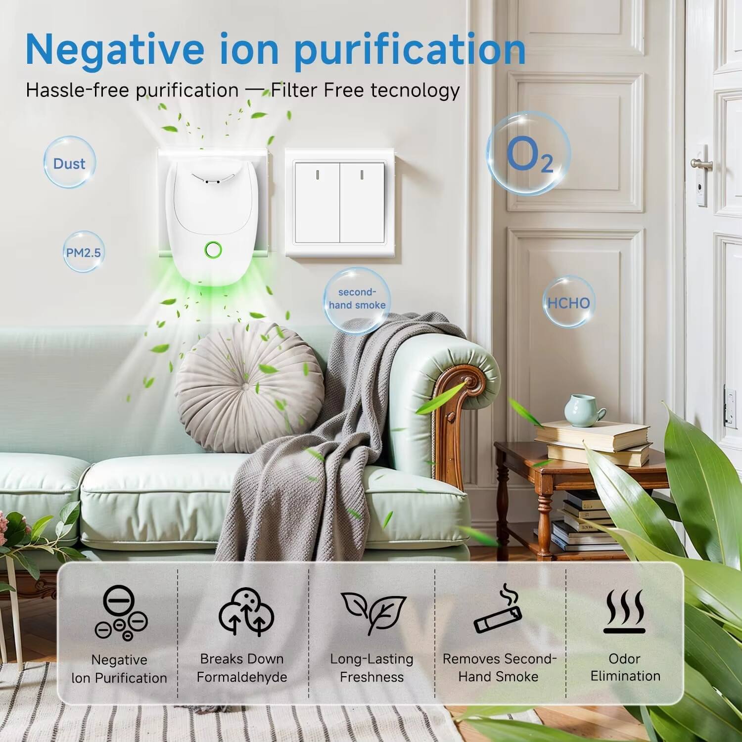Negative ion purification  
Hassle-free purification  
Filter Free technology  

Dust  
PM2.5  
Second-hand smoke  
O2  
HCHO  

Negative Ion Purification  
Breaks Down Formaldehyde  
Long-Lasting Freshness  
Removes Second-Hand Smoke  
Odor Elimination