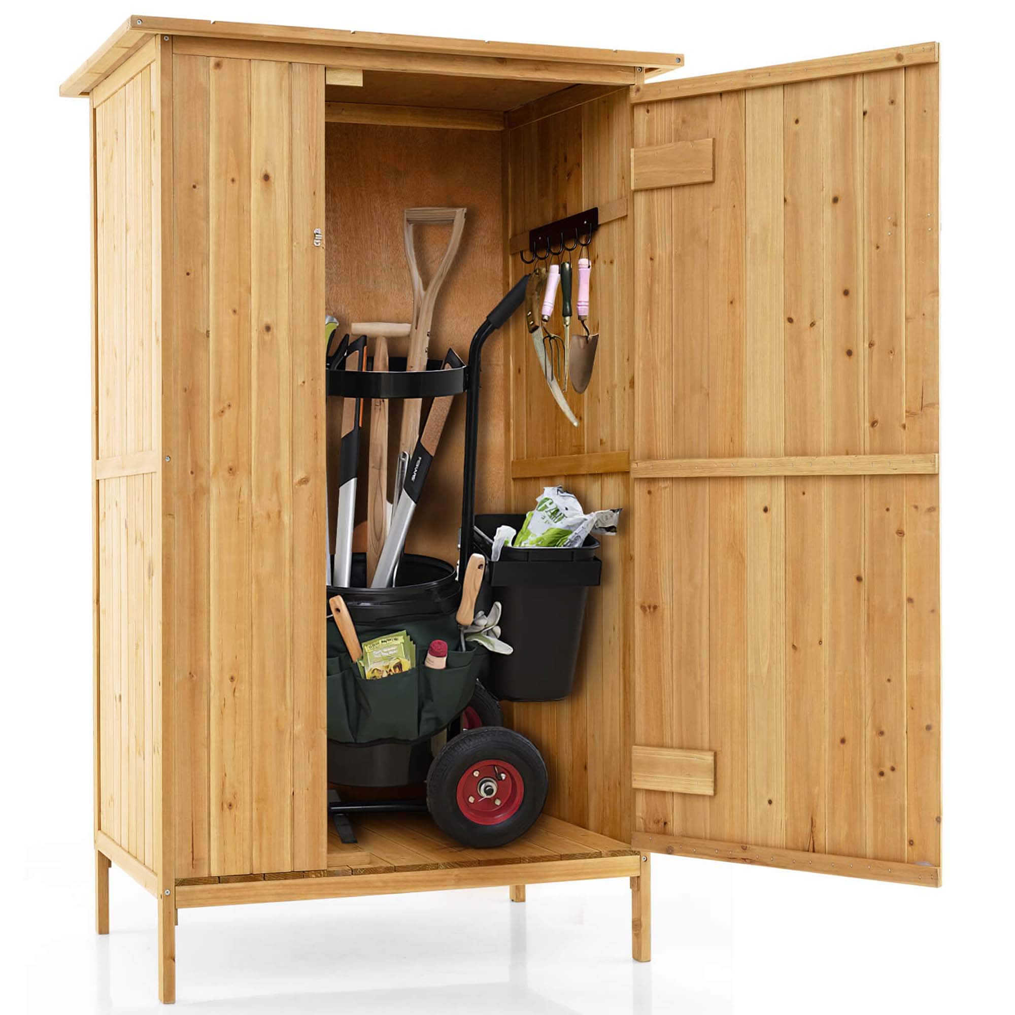 Front. Costway - Outdoor Storage Cabinet 5 × 3 FT Wooden Garden Shed with Asphalt Roof - Brown.