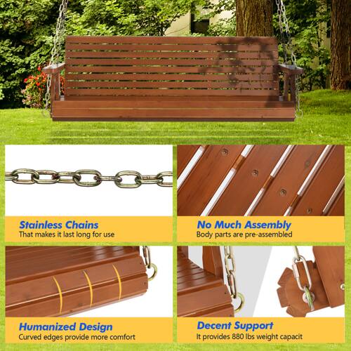 Stainless Chains  
That makes it last long for use  

No Much Assembly  
Body parts are pre-assembled  

Humanized Design  
Curved edges provide more comfort  

Decent Support  
It provides 880 lbs weight capacity