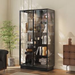 Famapy - Tempered Glass Display Cabinet with LED Lights, Metal Frame Curio Cabinet for Collectibles and Storage - Black