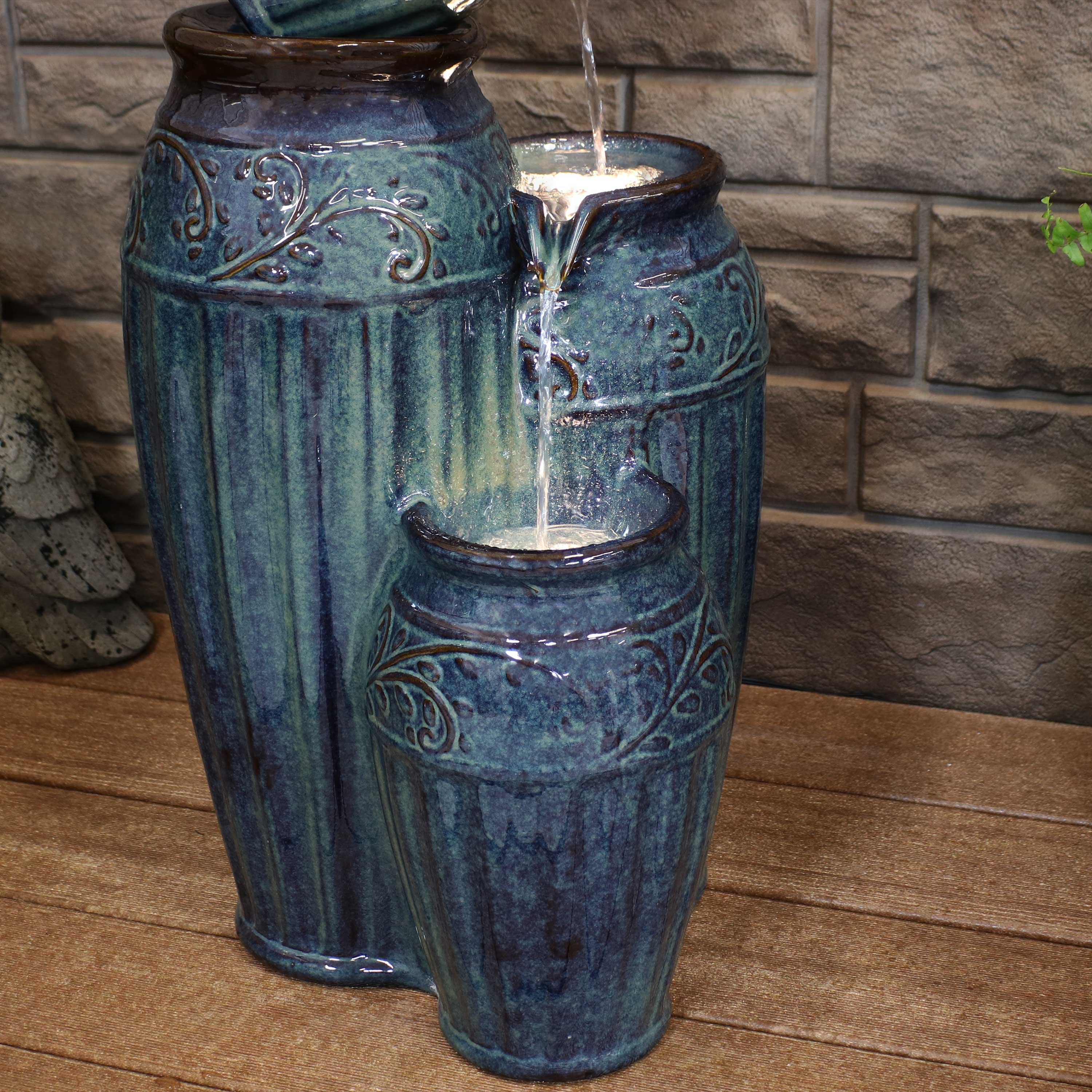 Alt View 4. Sunnydaze - Tour de Vase Ceramic Pot Water Fountain with LED Lights - 27 in - Dark Cyan.