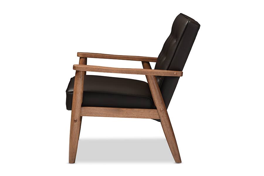 Angle. Baxton Studio - Sorrento Mid-century Retro Modern Faux Leather Upholstered Wooden Lounge Chair - Dark Brown.