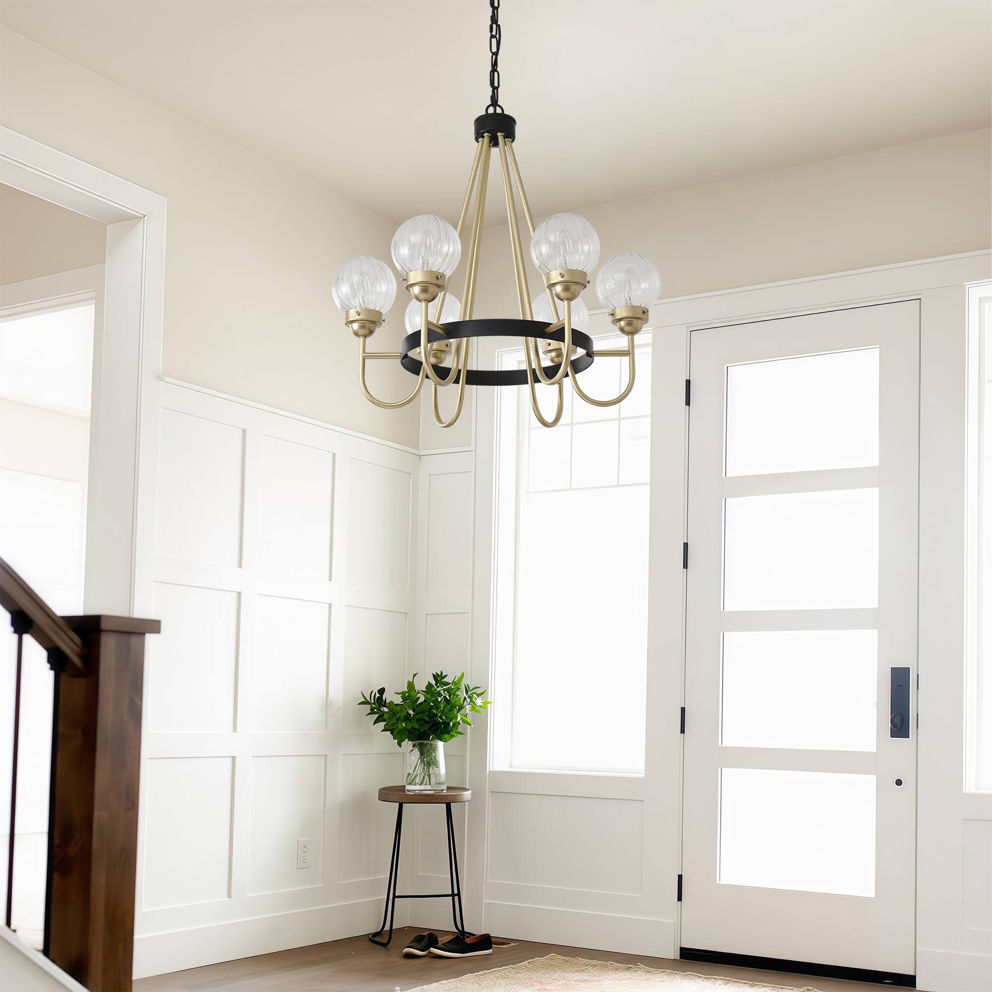 Back. RYHNUYNE - 6 Light Modern Chandelier, 24" Gold and Black Metal Pendant Light with Ribbed Glass Globes Adjustable Height.
