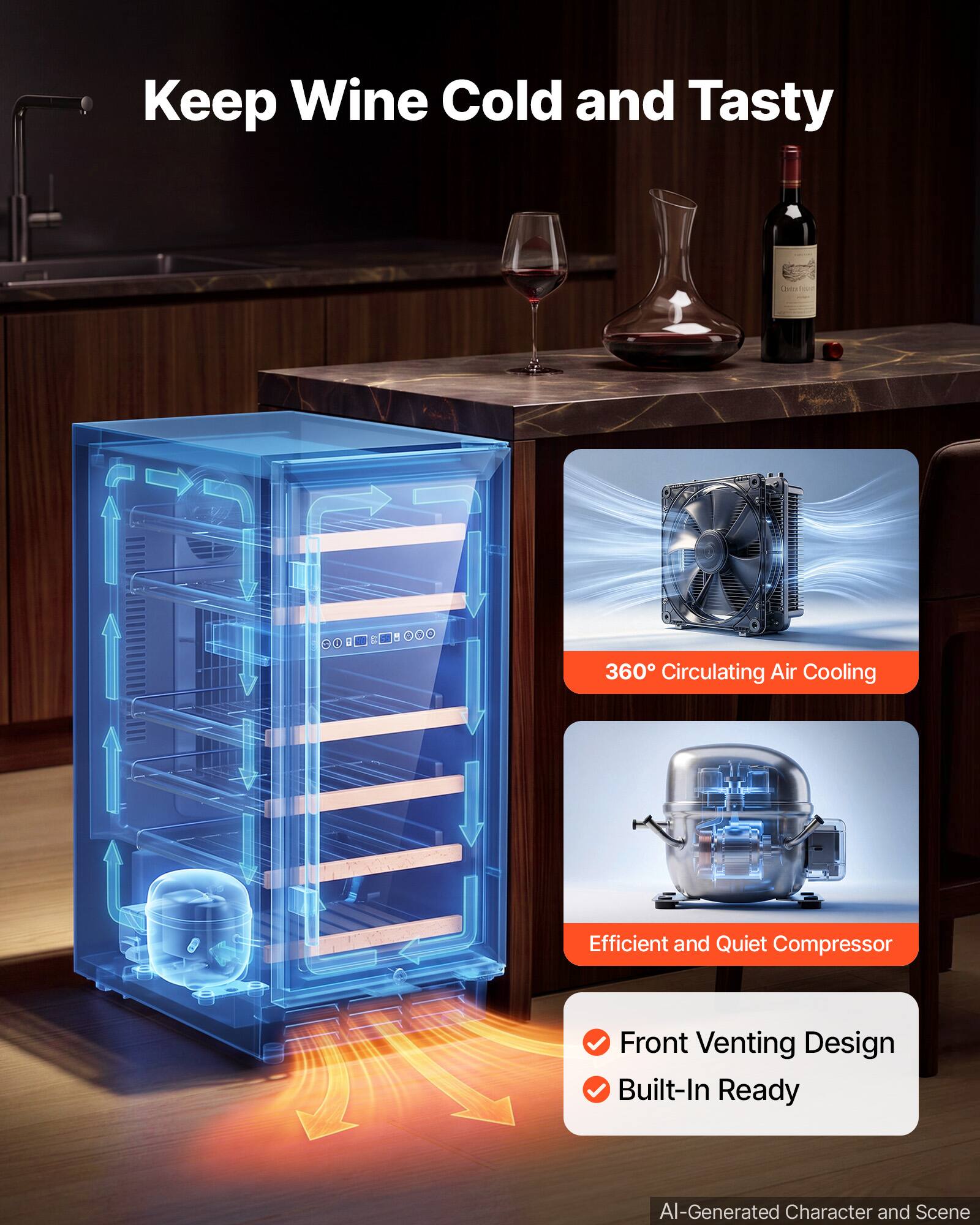 Keep Wine Cold and Tasty

360° Circulating Air Cooling

Efficient and Quiet Compressor

Front Venting Design
Built-In Ready

AI-Generated Character and Scene