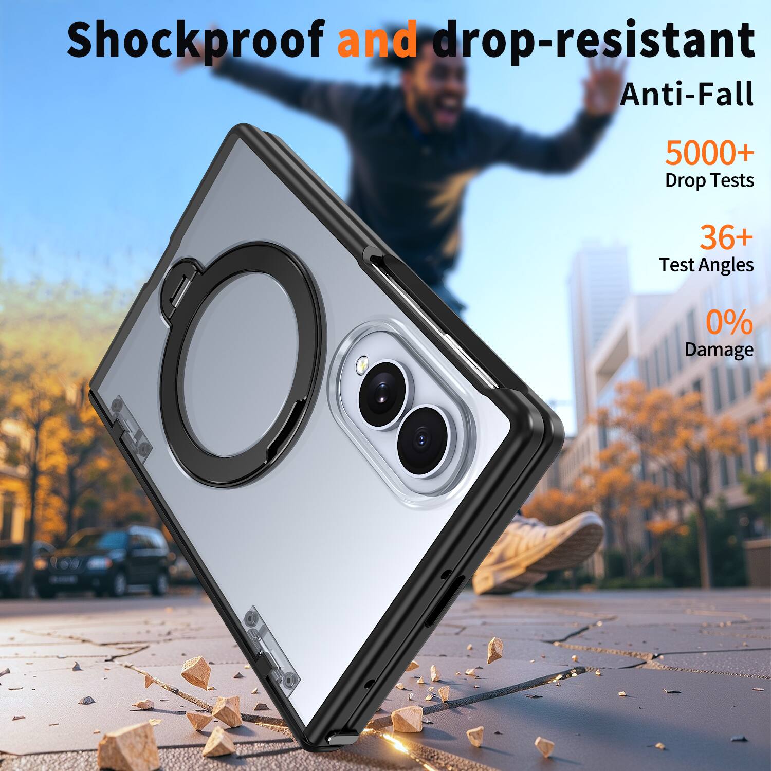 Shockproof and drop-resistant  
Anti-Fall  
5000+ Drop Tests  
36+ Test Angles  
0% Damage