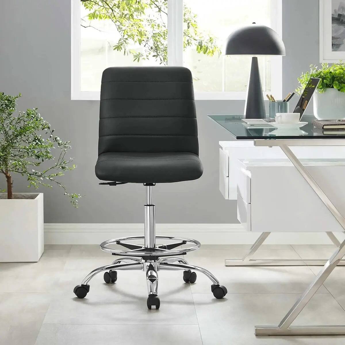 Alt View 7. Modway - Drafting Chair Vegan Leather Armless Adjustable Stool - Black.