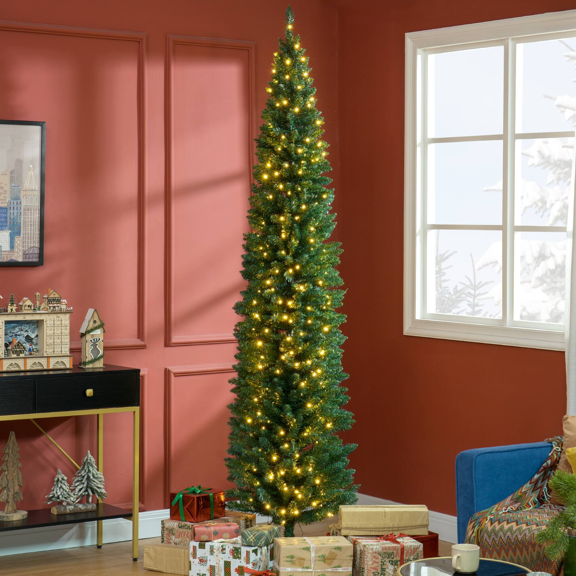 Alt View 1. Homcom - Pre-Lit Slim Noble Fir Artificial Pencil Christmas Tree, 300 Warm White LEDs, 618 Tips - green.
