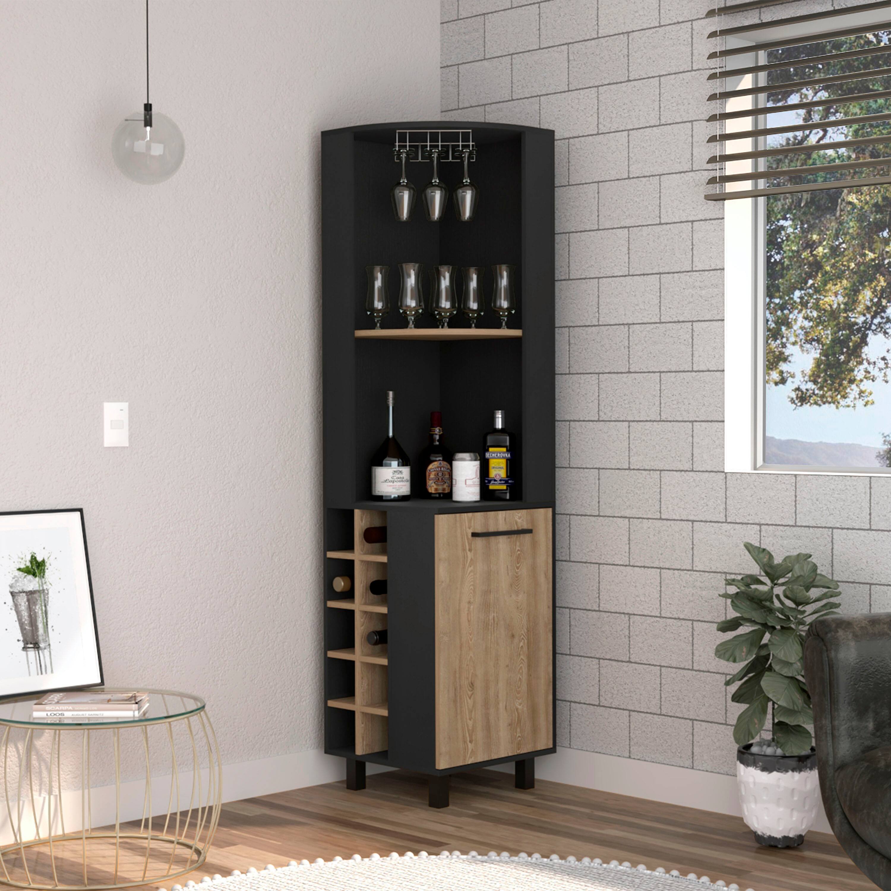 Front. TinyHomie - Corner Bar Single Door Cabinet Two Shelves Ten Built-in Wine Rack Two Interior Shelves Black Pine.