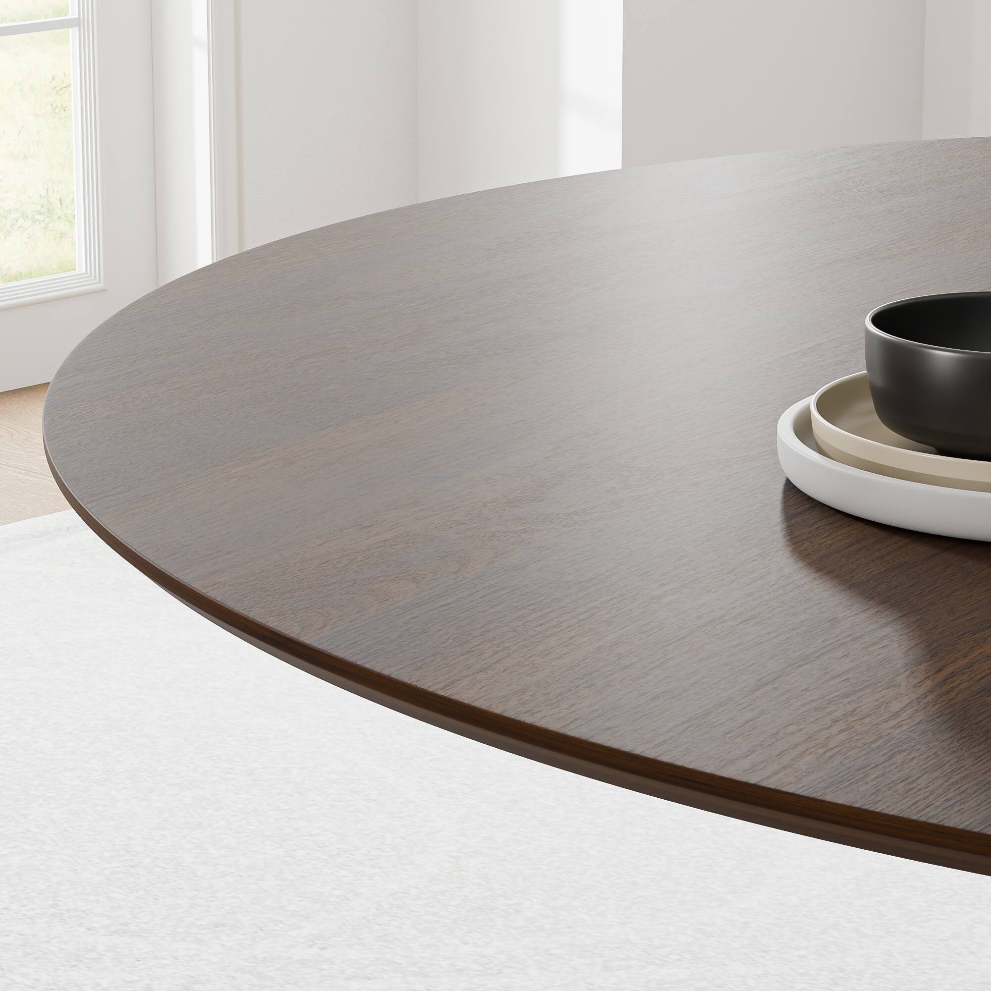 Left. PexFix - Minimalist Farmhouse Solid Oak Dining Table, 46" Round with Tapered Pedestal Base for 4 - WALNUT.