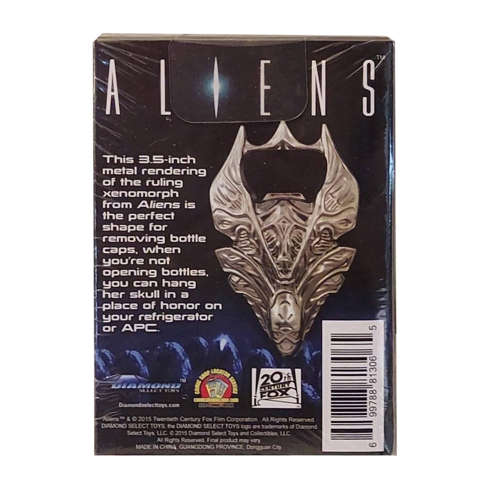 ALENS This 3.5-inch metal rendering of the ruling xenomorph from Aliens is the perfect shape for removing bottle caps, when you're not opening bottles, you can hang her skull in a place of honor on your refrigerator or APC. 5 TIAMOND SATICE 20 CENTURY SLLCT FOS FOX Diamandsalecttoys.com &  2015 Twenteth Century FOx Film Corporation All Rights Reserved DIAMOND SELECT TOYS the DIAMOND SELECT TOYS logo are of Select Toys LLC  2015 Damond Select Toys and Collectibles LLC All Rights Rnserved Fenal product MADE IN CHINA GUANGDONG PROVINCE Dongguan City 81306 99788 6
