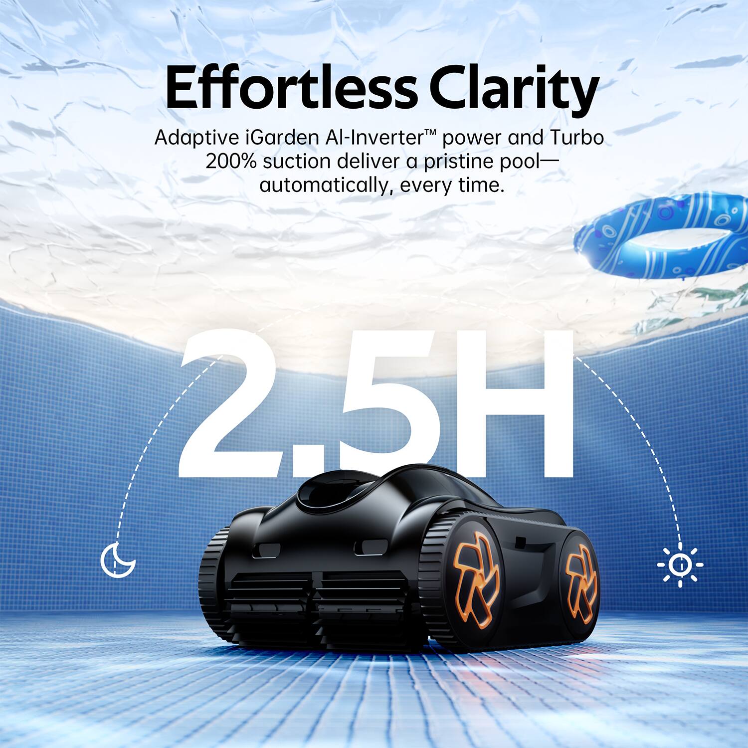 Effortless Clarity  
Adaptive iGarden AI-Inverter™ power and Turbo 200% suction deliver a pristine pool—automatically, every time.  
2.5H