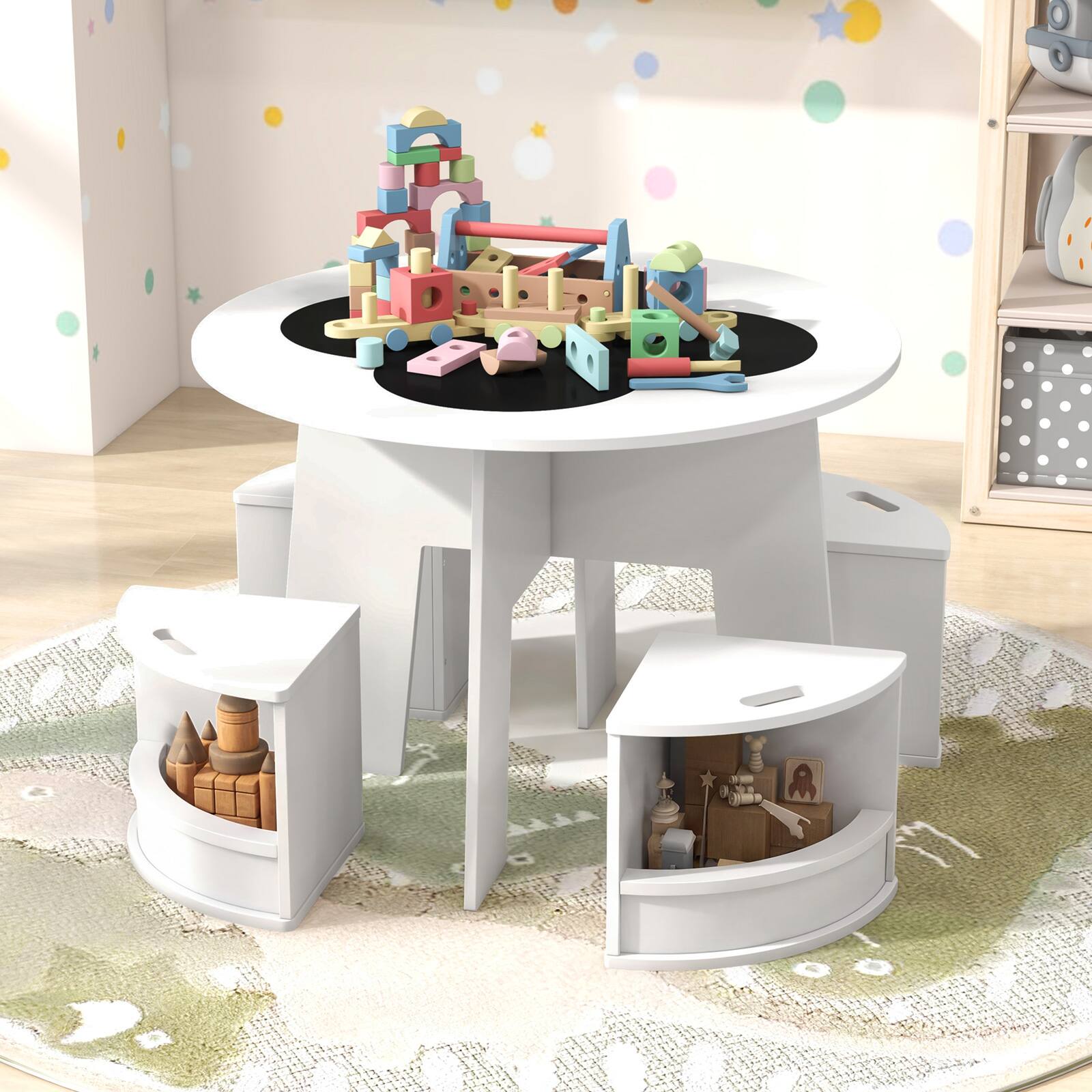 Alt View 3. Gymax - Gymax 5-PC Kids Table & Chair Set w/Writable Blackboard&Storage Stools for Read White - White.