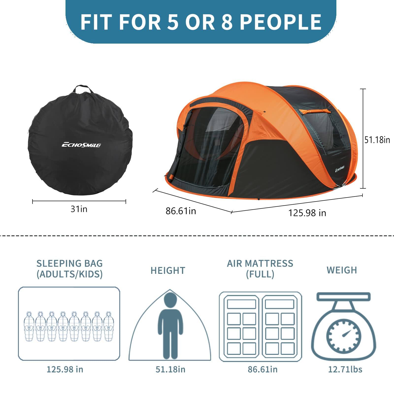The corrected text is:

"FIT FOR 5 OR 8 PEOPLE

ECHOSMAG

- 51.18in (diameter)
- 31in
- 86.61in
- 125.98in

SLEEPING BAG (ADULTS/KIDS)

HEIGHT: 51.18in

AIR MATTRESS (FULL)

WEIGHT: 12.71lbs"