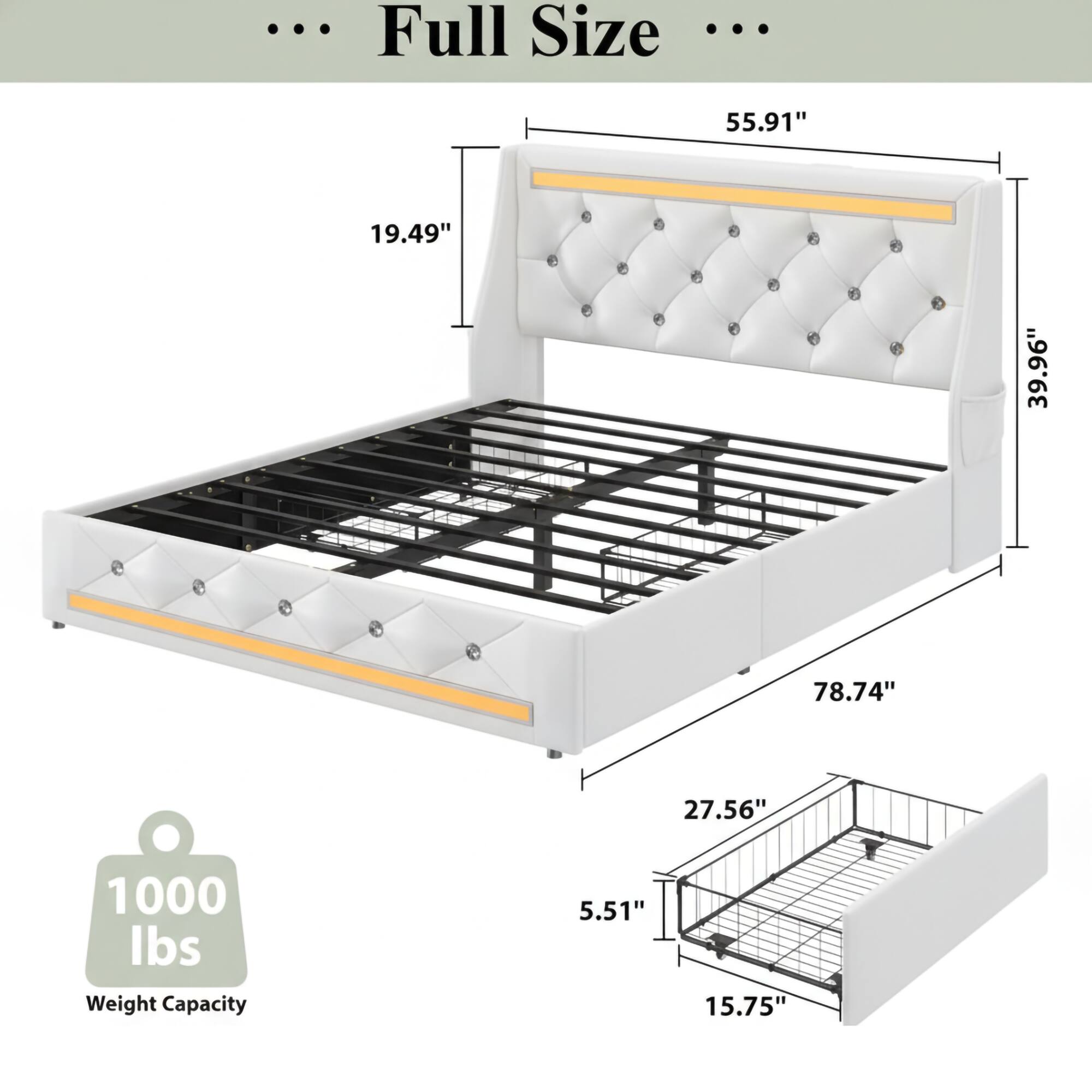 ... Full Size ...

55.91"  
19.49"  
39.96"  
78.74"  
27.56"  
5.51"  
15.75"  

1000 lbs Weight Capacity