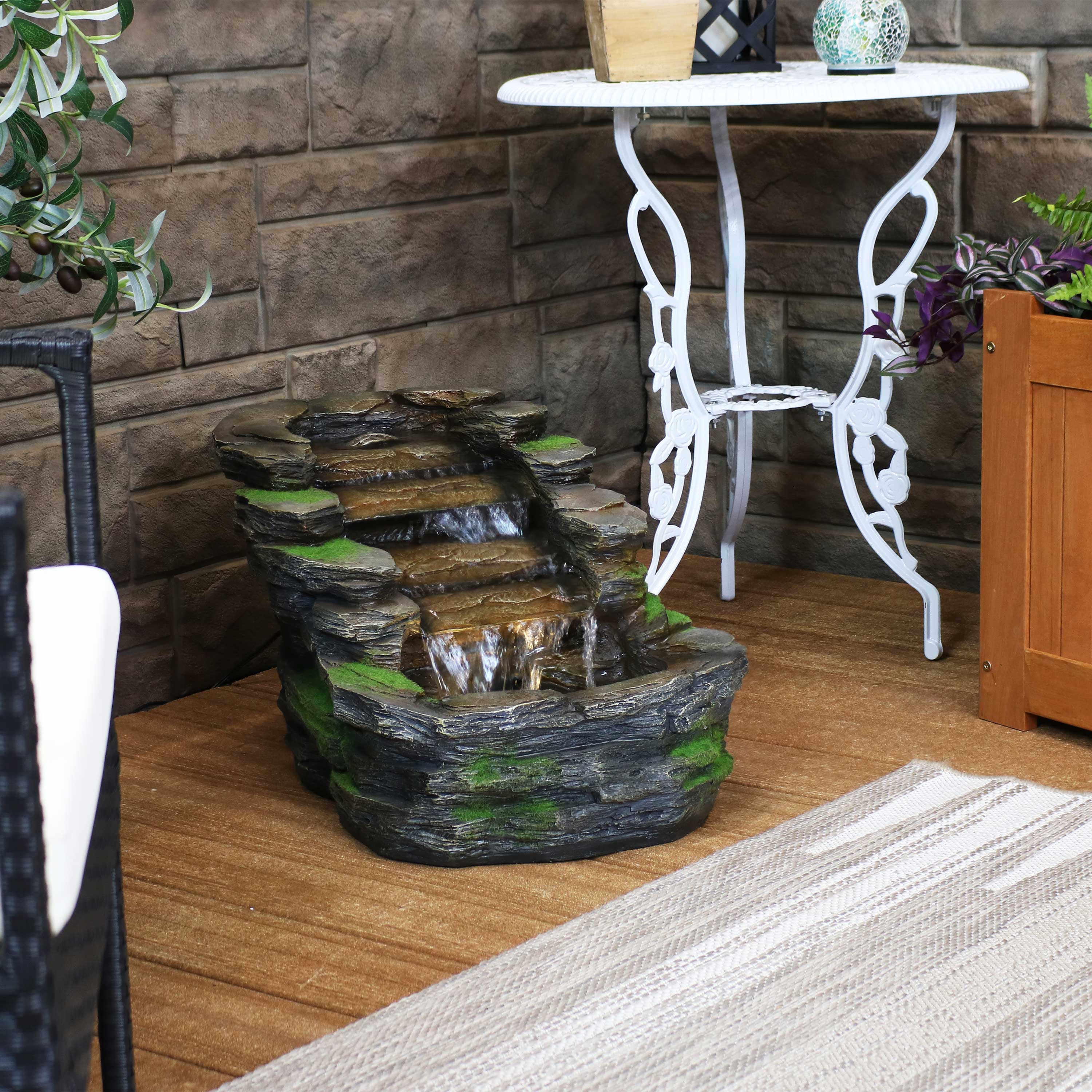 Alt View 5. Sunnydaze - Shale Falls Outdoor Water Fountain with LED Lights - 13.75 in - Grey.