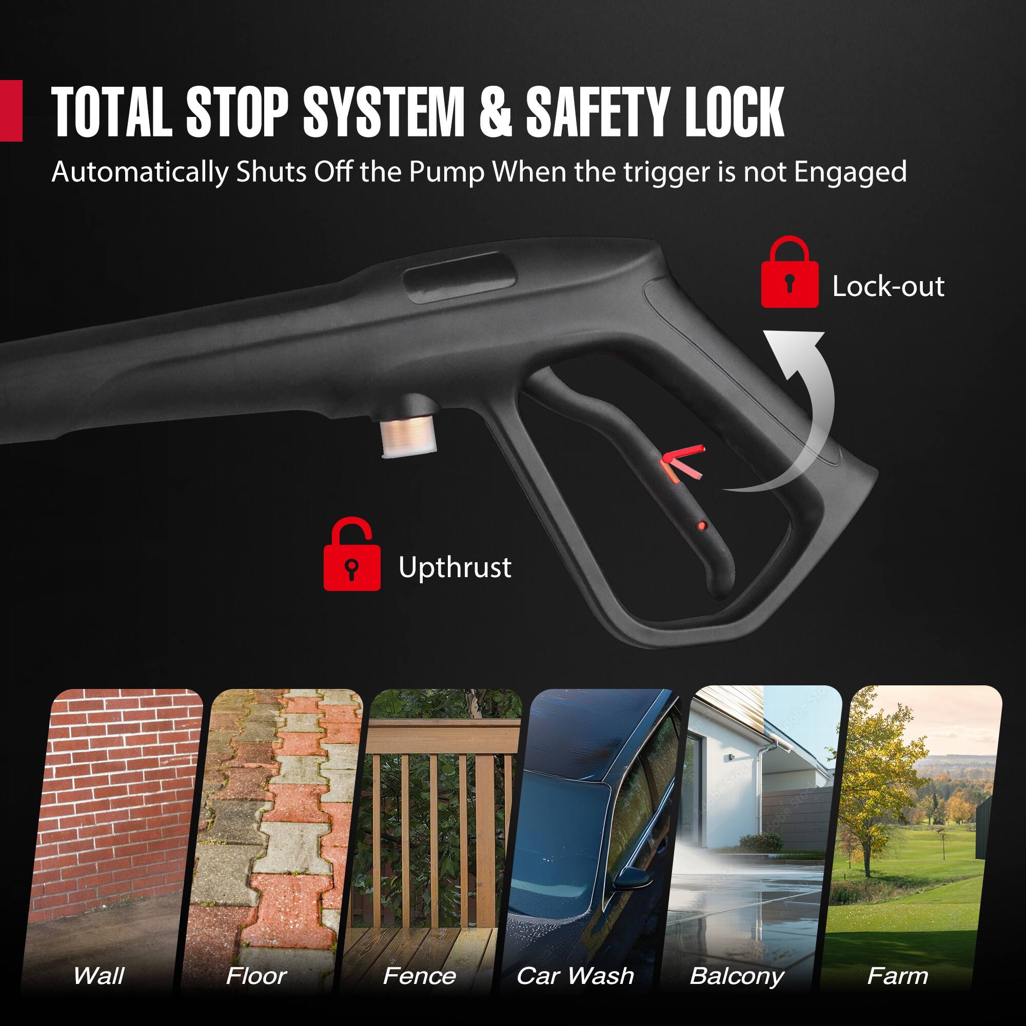 TOTAL STOP SYSTEM & SAFETY LOCK  
Automatically Shuts Off the Pump When the trigger is not Engaged

- Lock-out
- Upthrust

- Wall
- Floor
- Fence
- Car Wash
- Balcony
- Farm