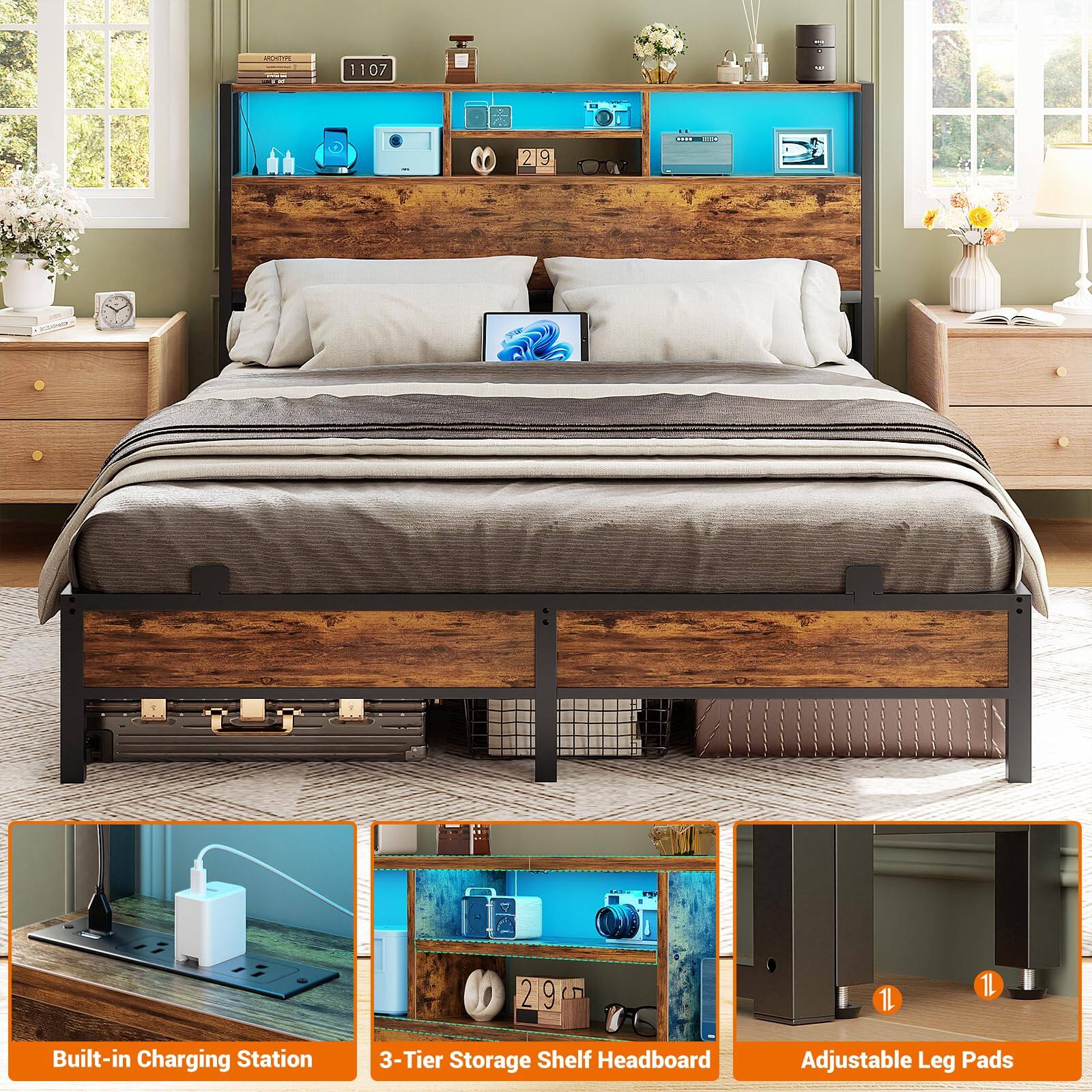 MCOS 1107 Built-in Charging Station 3-Tier Storage Shelf Headboard Adjustable Leg Pads