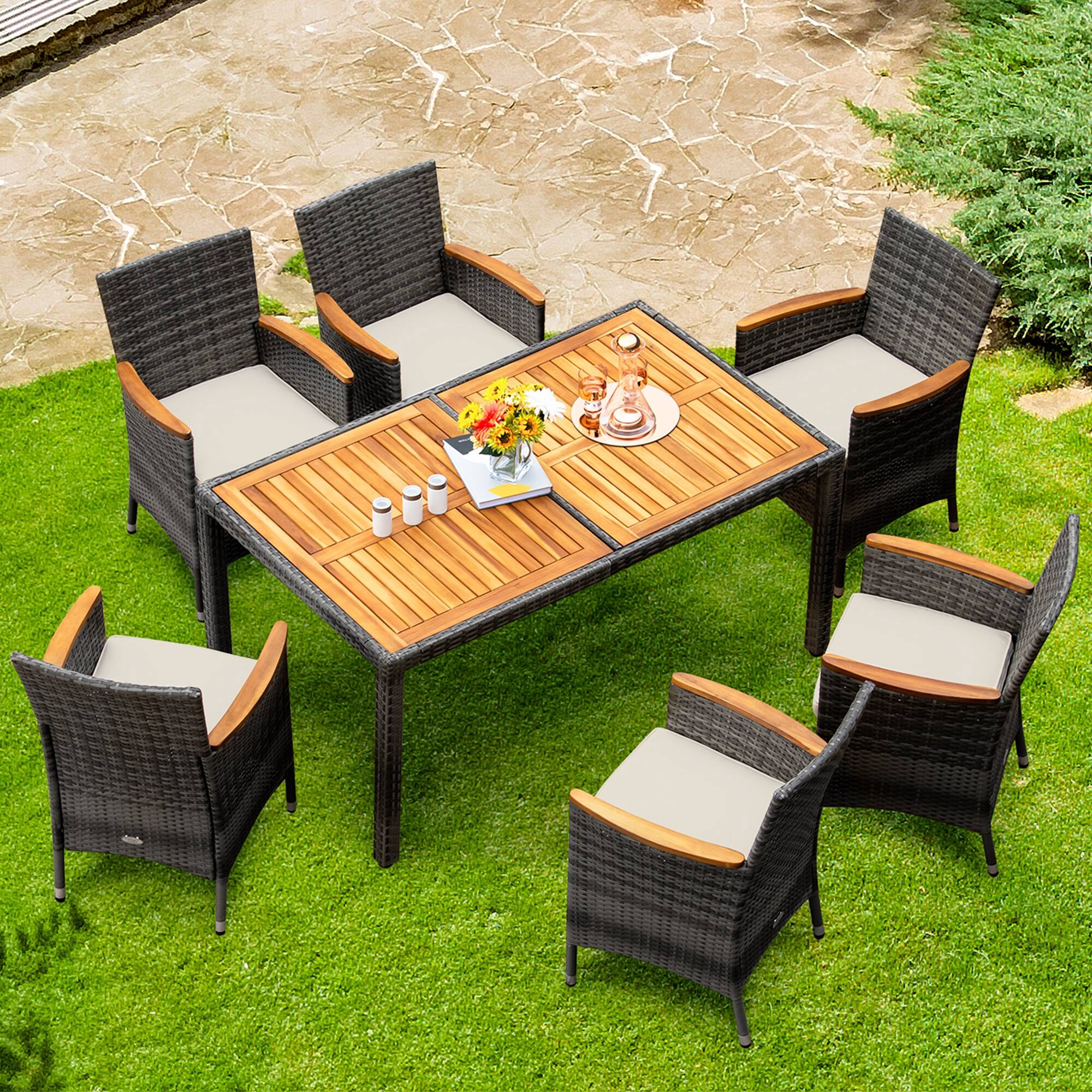 Alt View 3. Costway - 7PCS Patio Rattan Dining Set Acacia Wood Table Cushioned Chair - Gray, Natural.