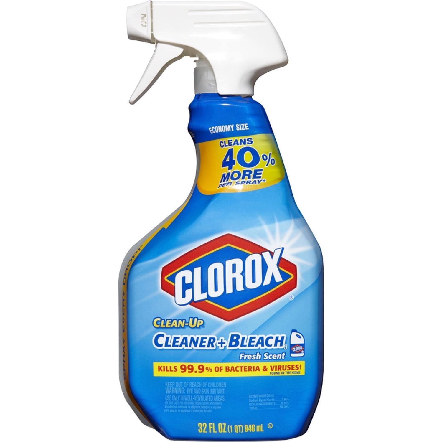 ECONOMY SIZE  
CLEANS 40% MORE SPRAY* PER EVEN SPRAY  

CLOROX  
CLEAN-UP CLEANER + BLEACH  
Fresh Scent  

KILLS 99.9% OF BACTERIA & VIRUSES FOUND IN THE HOME  

KEEP OUT OF REACH OF CHILDREN  
WARNING: EYE AND SKIN IRRITANT  
USE ONLY IN WELL-VENTILATED AREAS  

32 FL OZ (1 QT) 946 mL  

*Compared to 32 fl oz (1 qt) of regular spray.