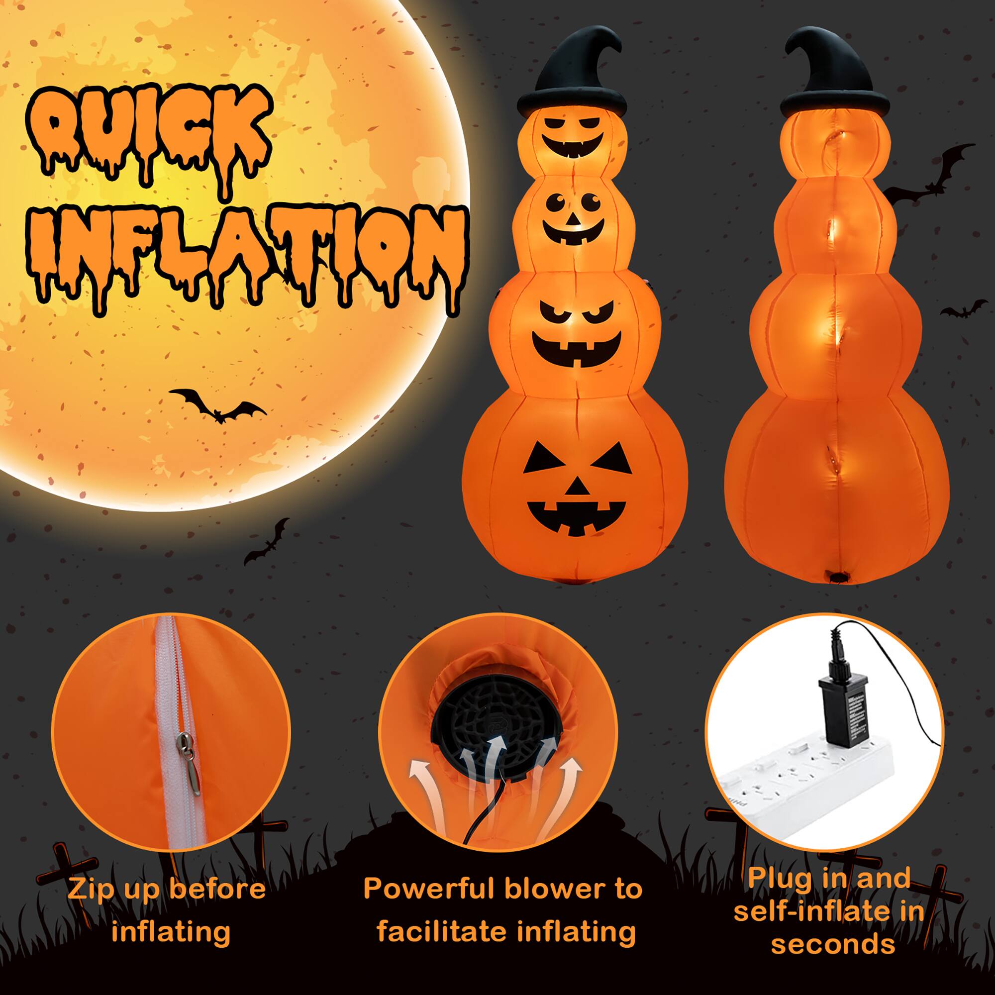 The text on the image is already grouped and correctly written. It reads: "QUICK INFLATION Zip up before inflating Powerful blower to facilitate inflating Plug in and self-inflate in seconds."