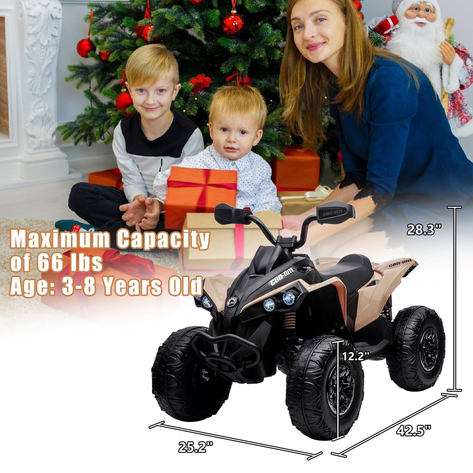 Maximum Capacity of 66 lbs  
Age: 3-8 Years Old  

can-am  
28.3"  
12.2"  
25.2"  
42.5"