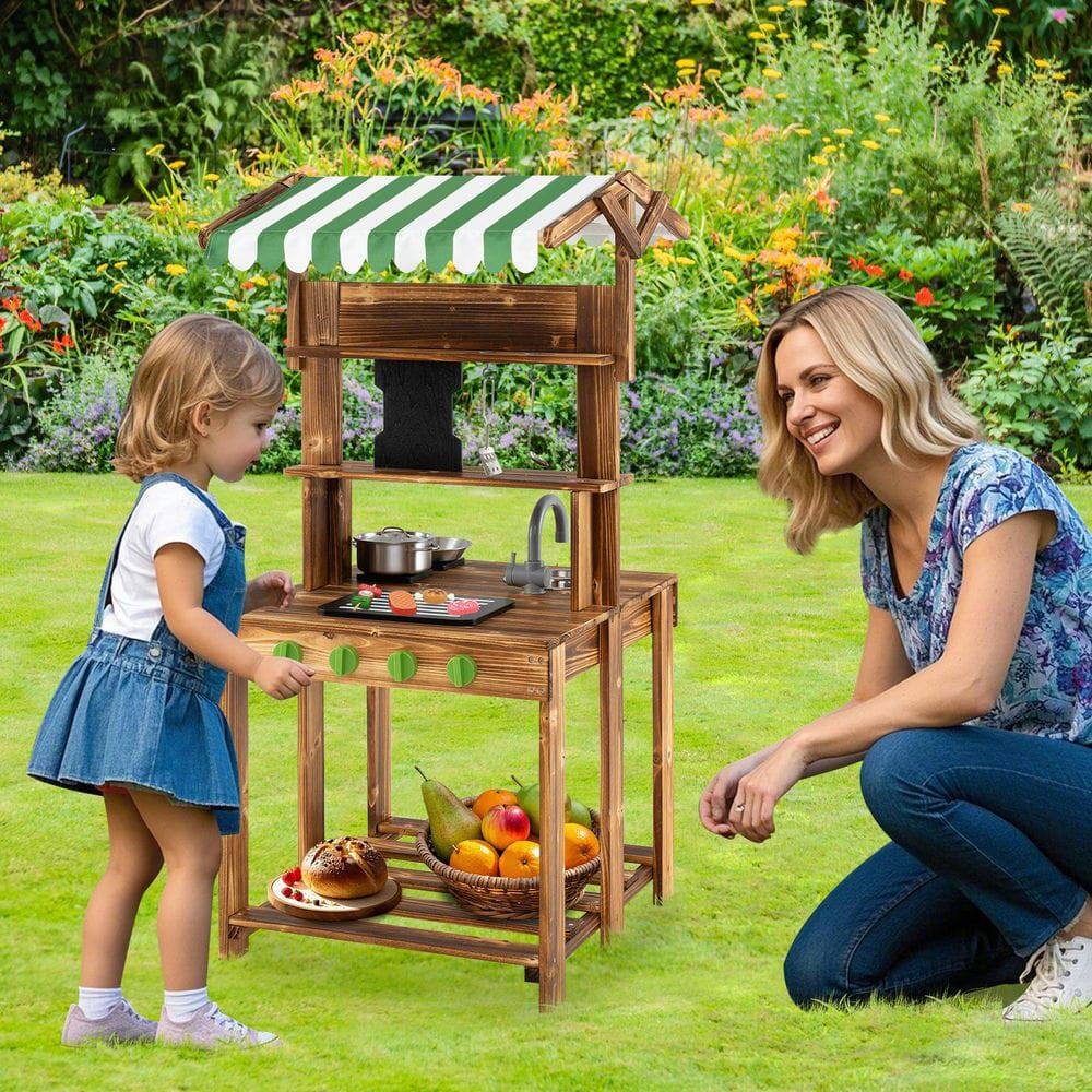 Alt View 2. Resenkos - Double-Sided Kids Mud Kitchen with Canopy & Chalkboard - Outdoor Pretend Play for Ages 3+ , Natural.