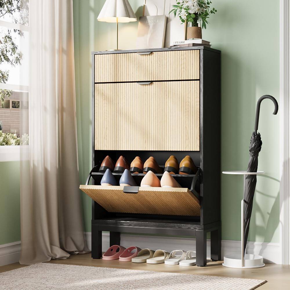 Left. Babevy - Shoe Storage Cabinet with 2 Flip Drawers, Farmhouse Fluted Shoe Organizer with Metal Legs - Black+Oak.