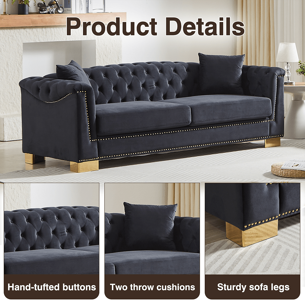 Product Details

- Hand-tufted buttons
- Two throw cushions
- Sturdy sofa legs