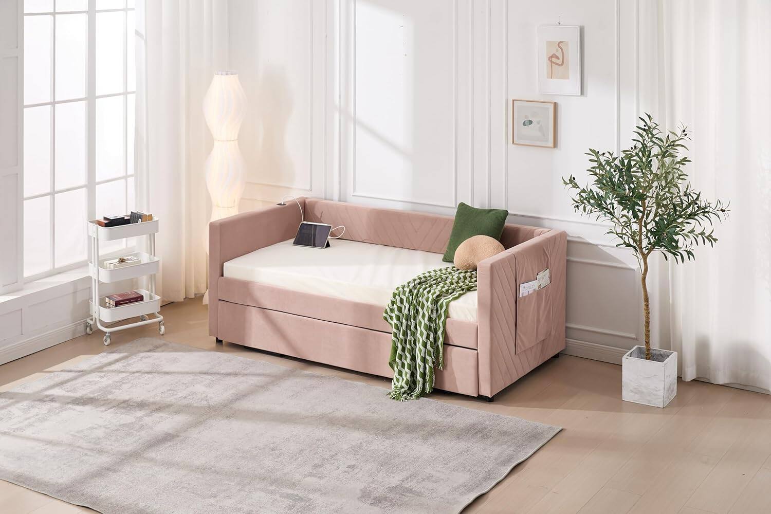 Alt View 5. Trinkets Crazed - Twin Daybed with Pop Up Trundle, Velvet Upholstered Extendable Daybed with USB Ports & Pockets - pink.