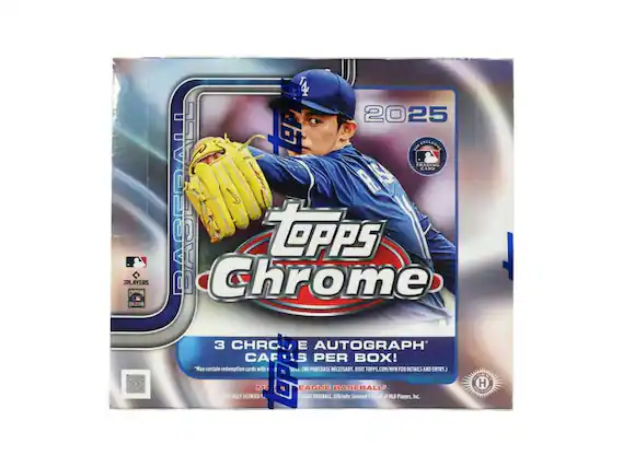 4 2025 Topps Chrome Baseball Trading Card R.A.S. PLAYERS g BASERALL Chrome TopPS CLaTN 3 CHROME AUTOGRAPH CARDS PER BOX! "May contain redemption cards with (NO PURCHASE NECESSARY. VISIT TOPPS.COM/NPN FOR DETAILS AND ENTRY.) H MA EAGUE BASEBALL DIFICIALLY LICENSED F. LEAGUE BASEBALL Officially Licensed Product of MLB Players, Inc.