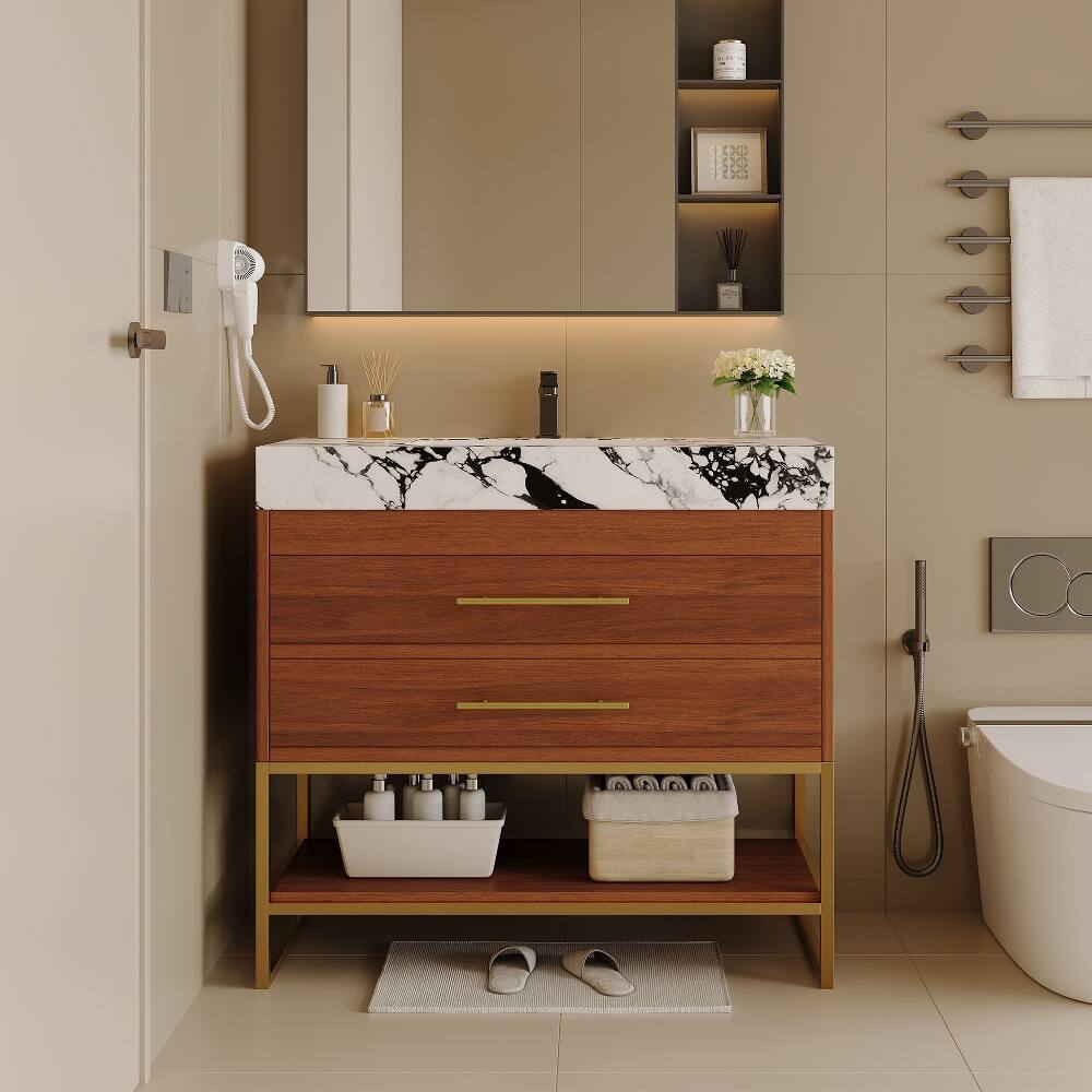 Angle. Loheer - Loheer 30 inch freestanding bathroom vanity with sintered stone top, walnut and gold - Walnut, Gold, White.