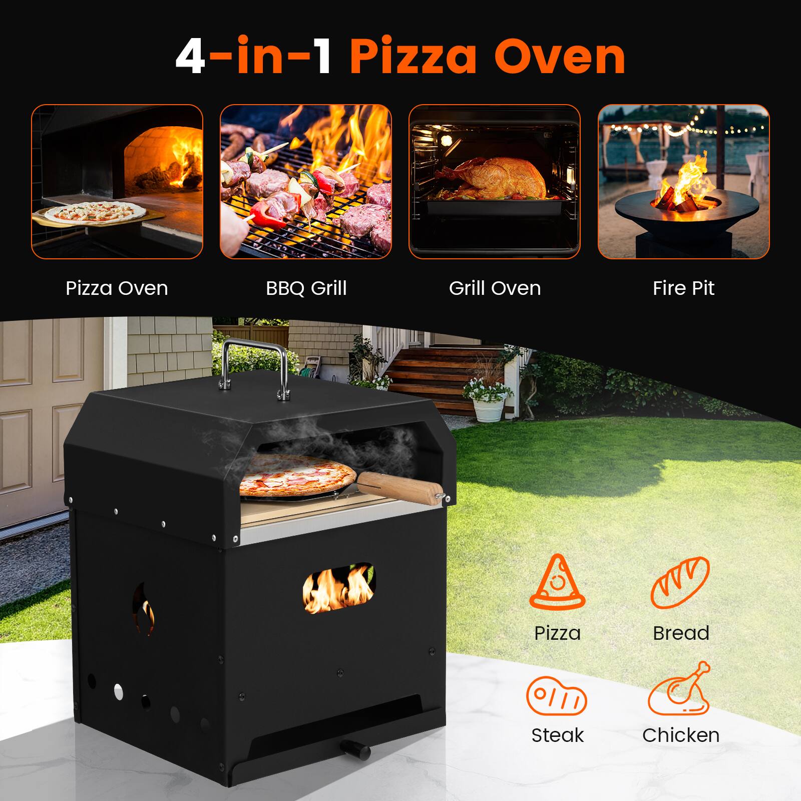 4-in-1 Pizza Oven, Pizza Oven, BBQ Grill, Grill Oven, Fire Pit, Pizza, Bread, Steak, Chicken