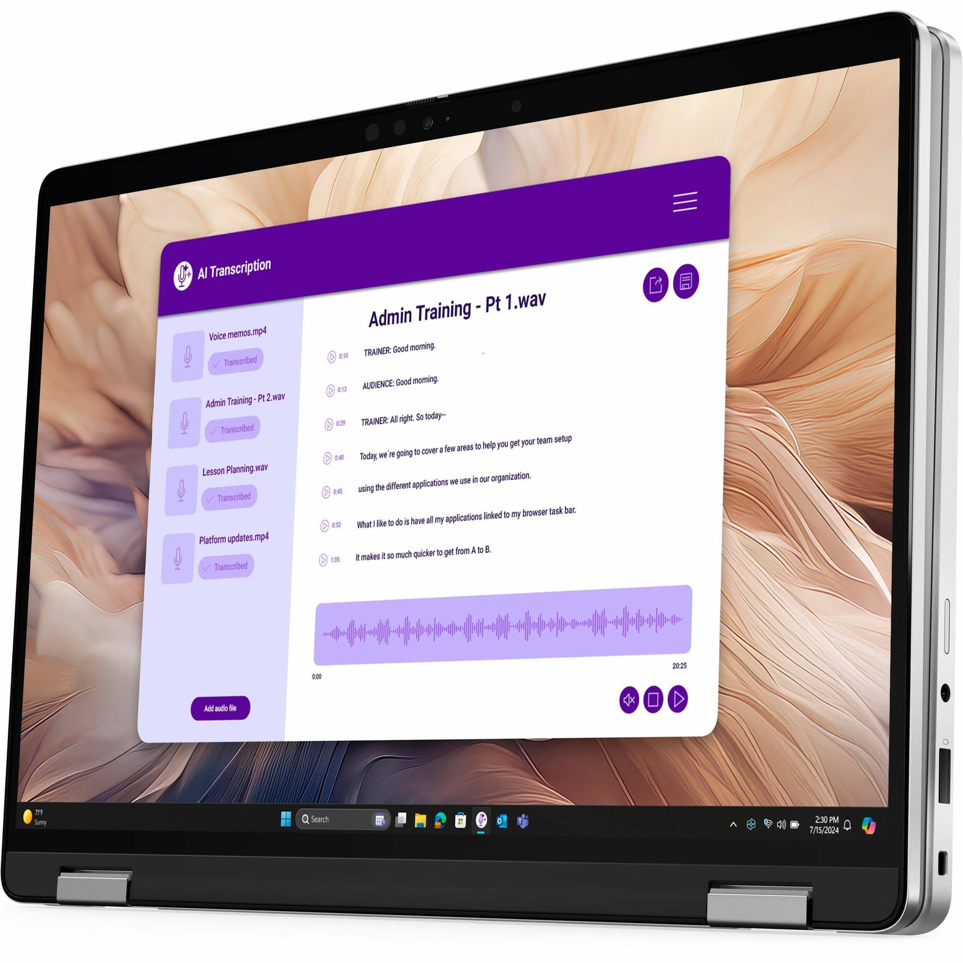 AI Transcription

Voice memo.mp4  
Transcribed

Admin Training - P1.wav  
Transcribed

Lesson Planning.wav  
Transcribed

Platform updates.mp4  
Transcribed

Add audio file

Admin Training - P1.wav

TRAINER: Good morning.  
AUDIENCE: Good morning.  
TRAINER: Alright. So today, we're going to cover a few areas to help you get your team setup using the different applications we use in our organization.  
TRAINER: What I like to do is have all my applications linked to my browser task bar.  
TRAINER: It makes it so much quicker to get to A B.  

00:00  
20:25