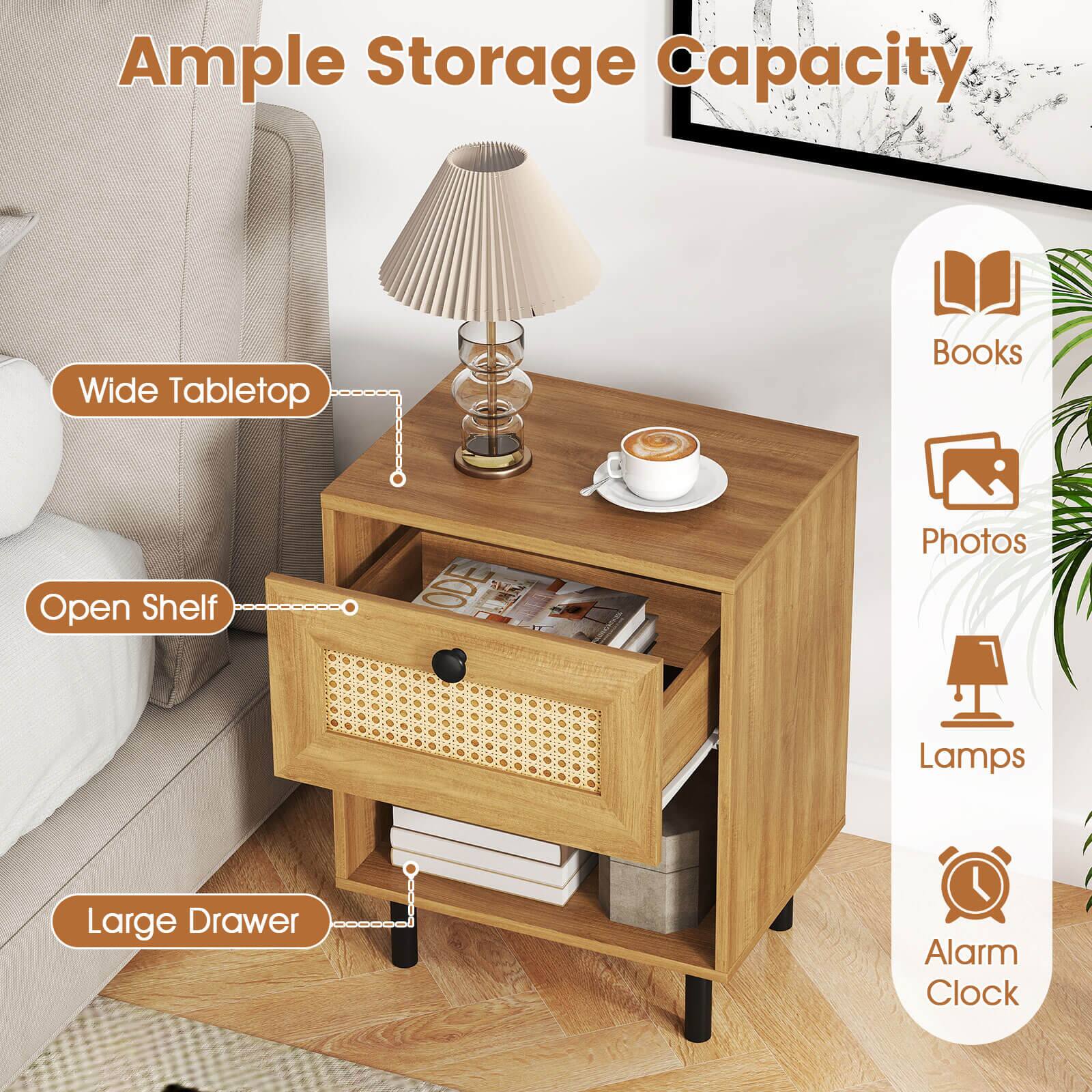Ample Storage Capacity

- Wide Tabletop
- Open Shelf
- Large Drawer

Books
Photos
Lamps
Alarm Clock