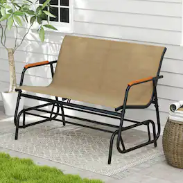 Costway - Patio Glider Bench for 2 Swing Gliding Loveseat with Curved Teak Armrests for Porch - Brown