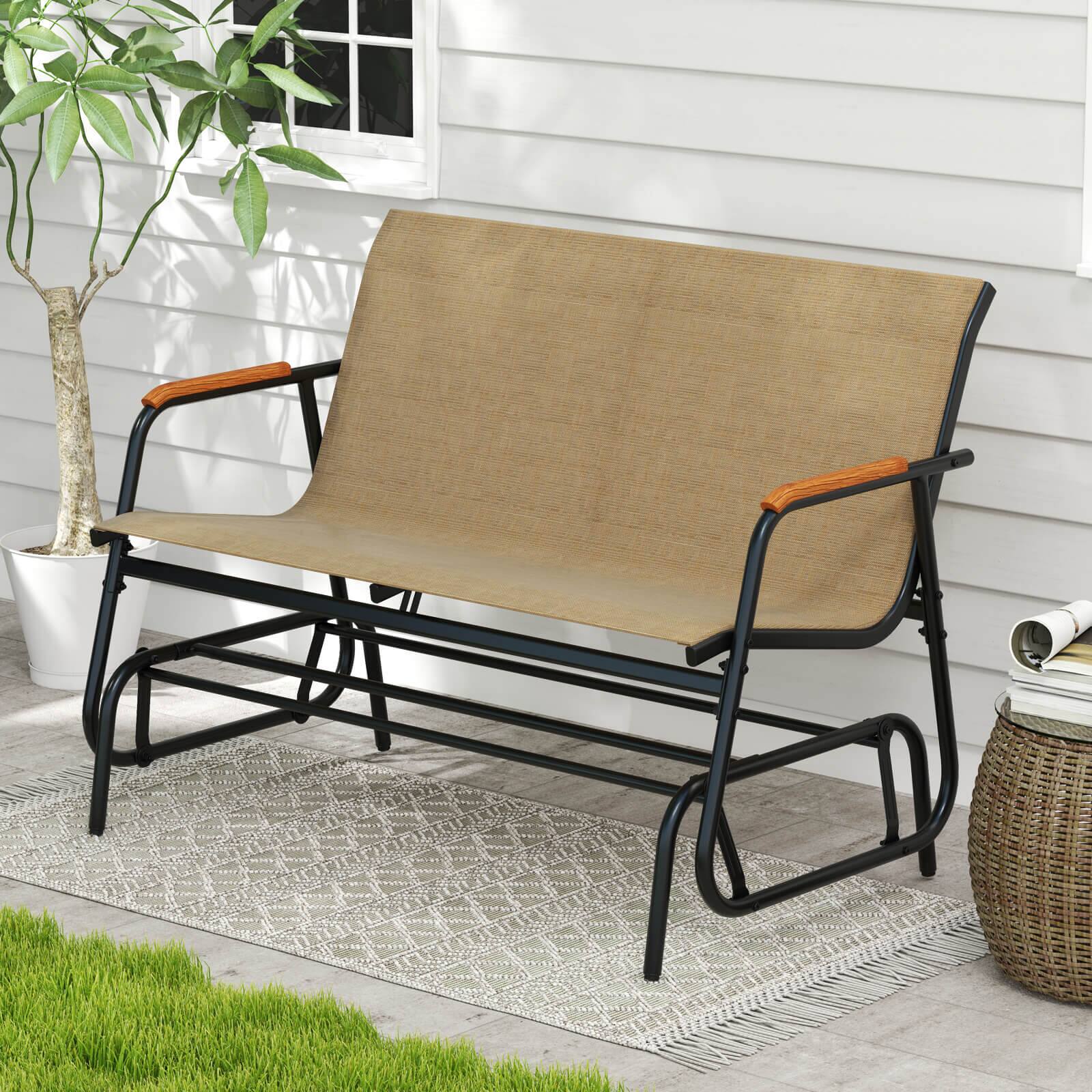 Alt View 2. Costway - Costway Patio Glider Bench for 2 Swing Gliding Loveseat with Curved Teak Armrests for Porch - Black + Brown.